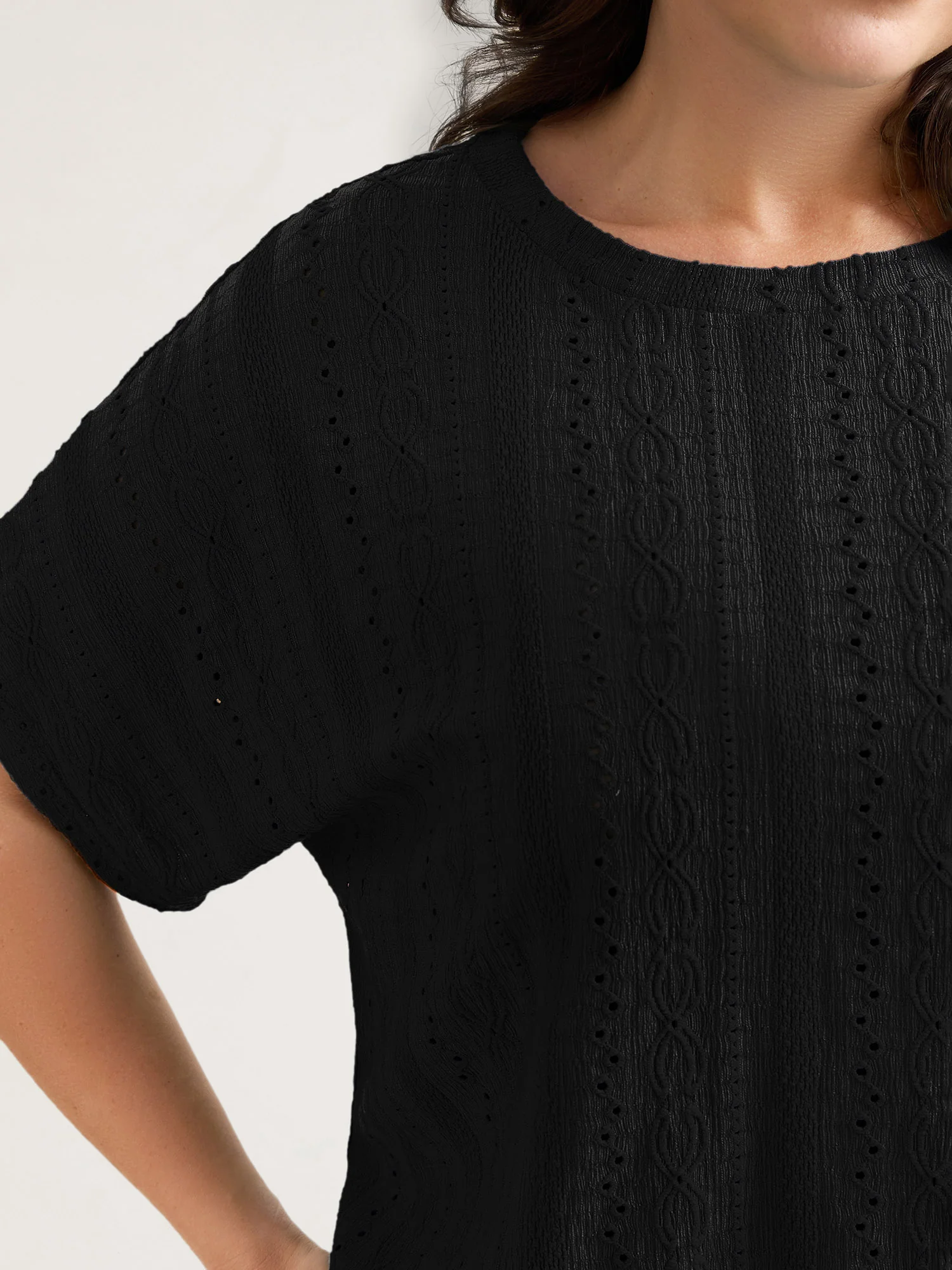 Eyelet Trim Stretchy Textured Plain Top - Image 10