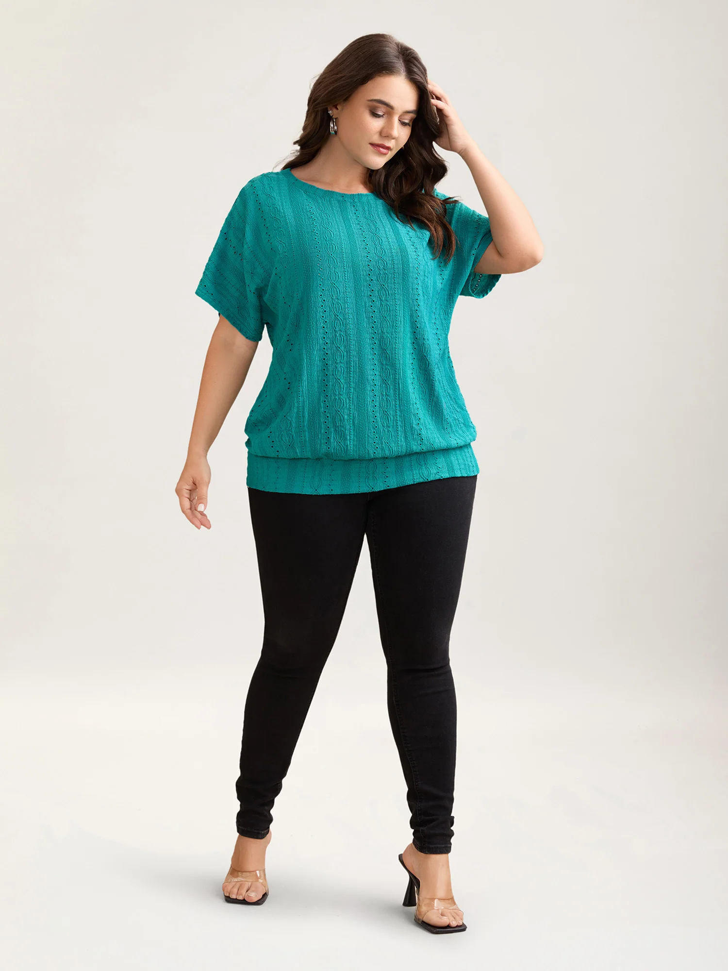 Eyelet Trim Stretchy Textured Plain Top - Image 14