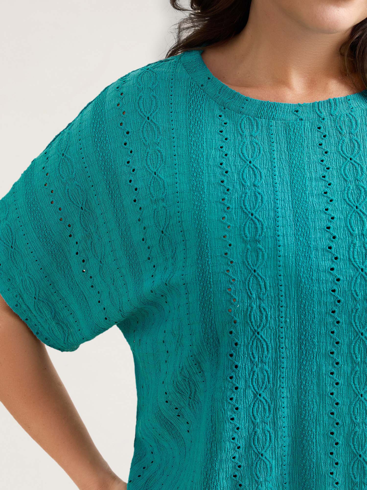 Eyelet Trim Stretchy Textured Plain Top - Image 15