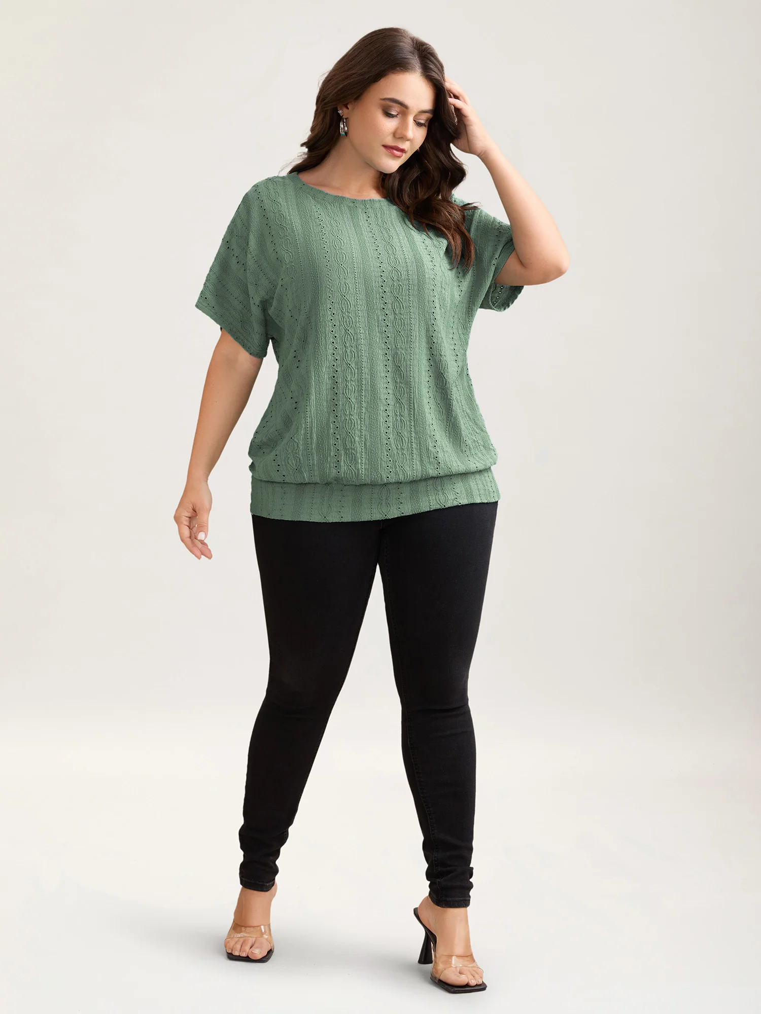 Eyelet Trim Stretchy Textured Plain Top - Image 21