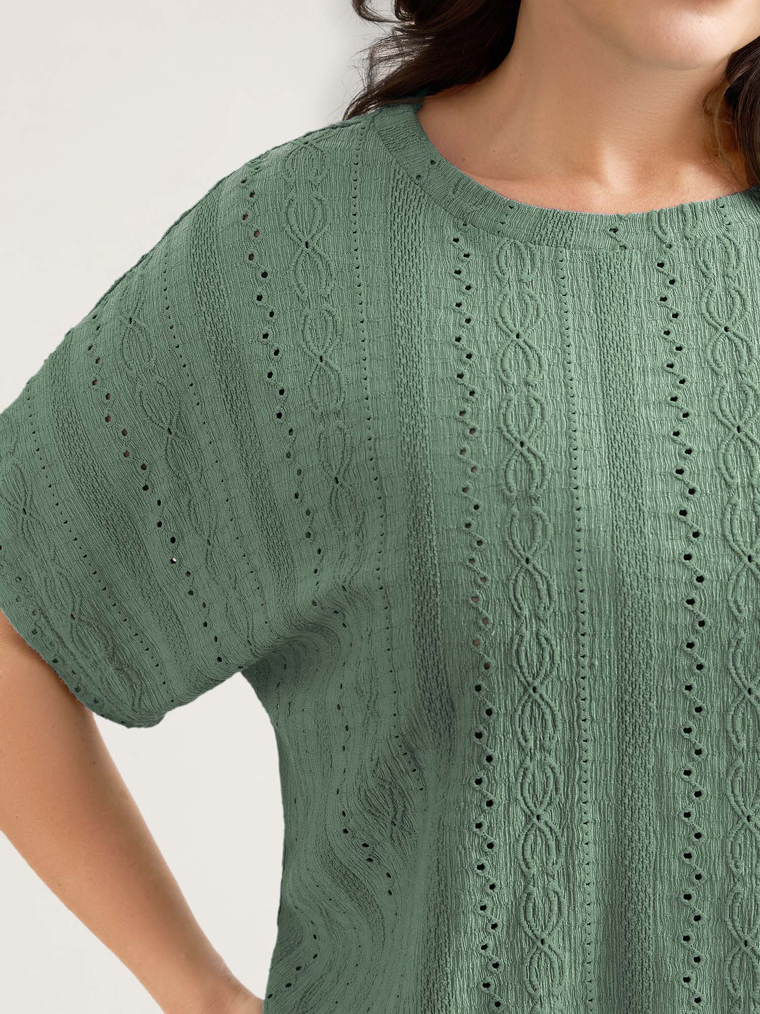 Eyelet Trim Stretchy Textured Plain Top - Image 22