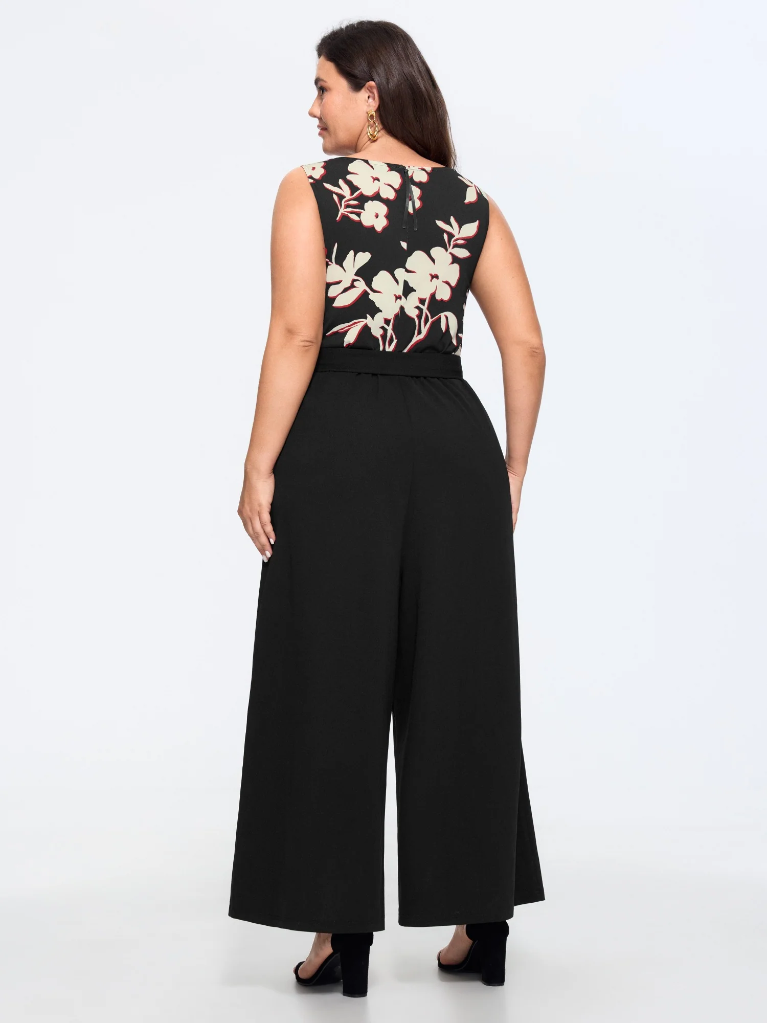 Floral Cowl Neck Waist Tie Wide Leg Jumpsuit - Image 4