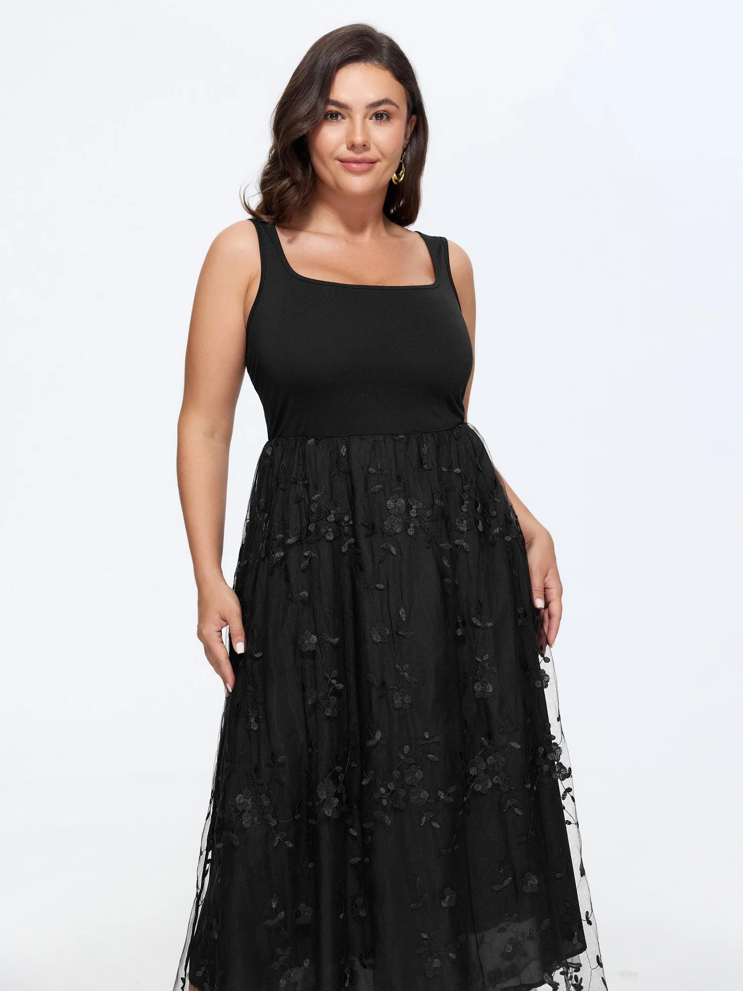 Floral Embroidered Mesh Square Neck Cami Midi Dress - Image 3
