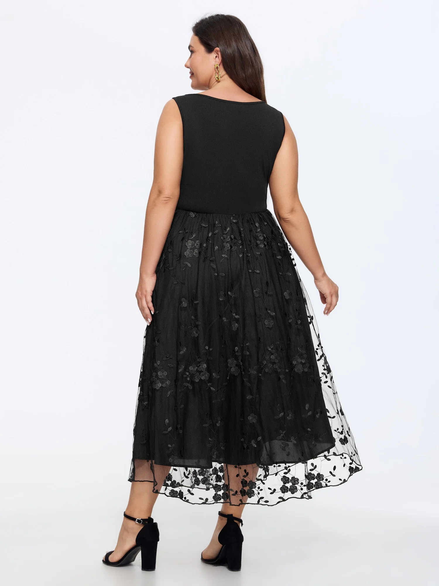 Floral Embroidered Mesh Square Neck Cami Midi Dress - Image 4