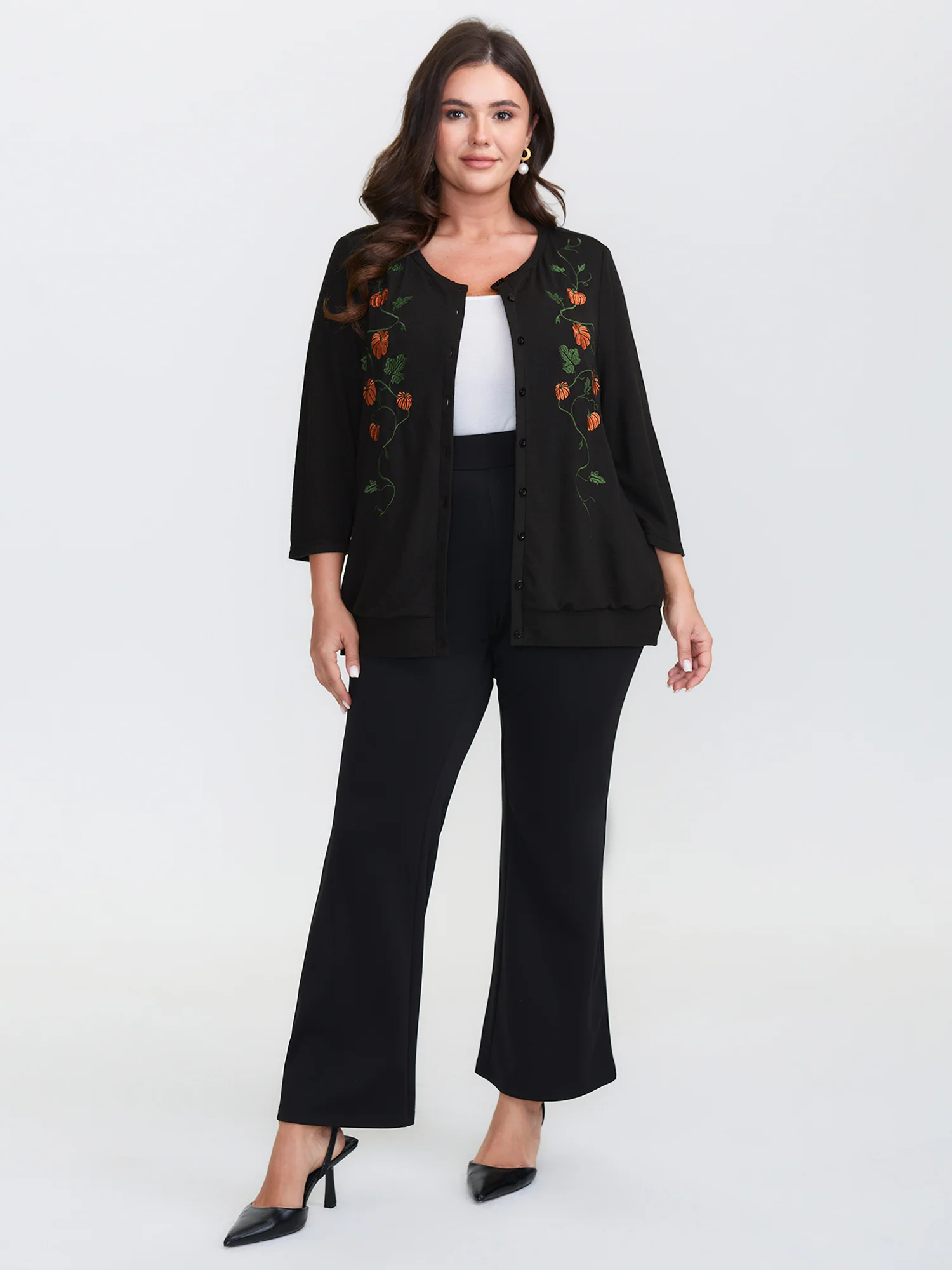Floral Embroidered Stretch Knit Button Front Jacket - Image 3