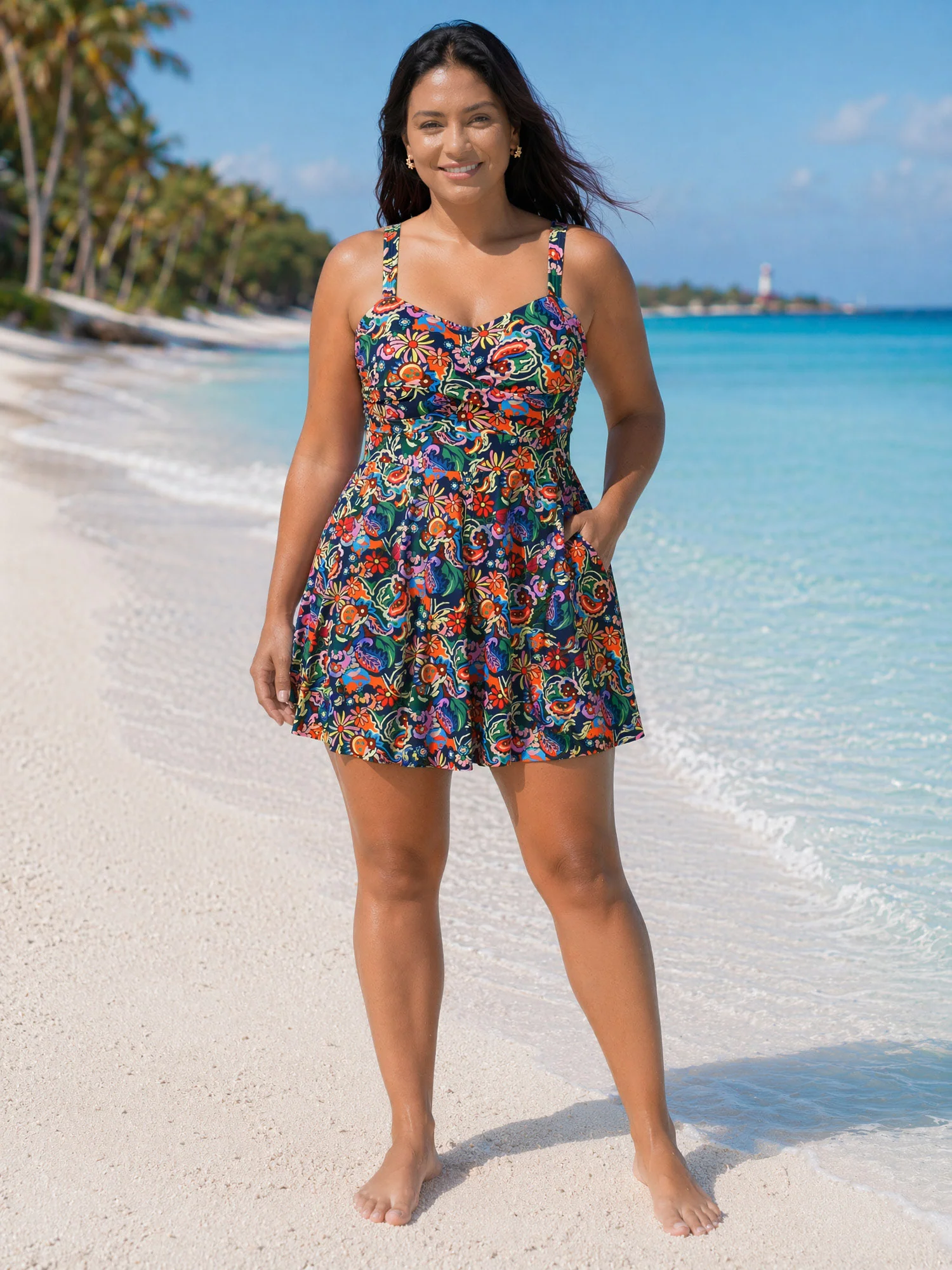 Floral Print Backless Pockets Swim Dress - Image 3
