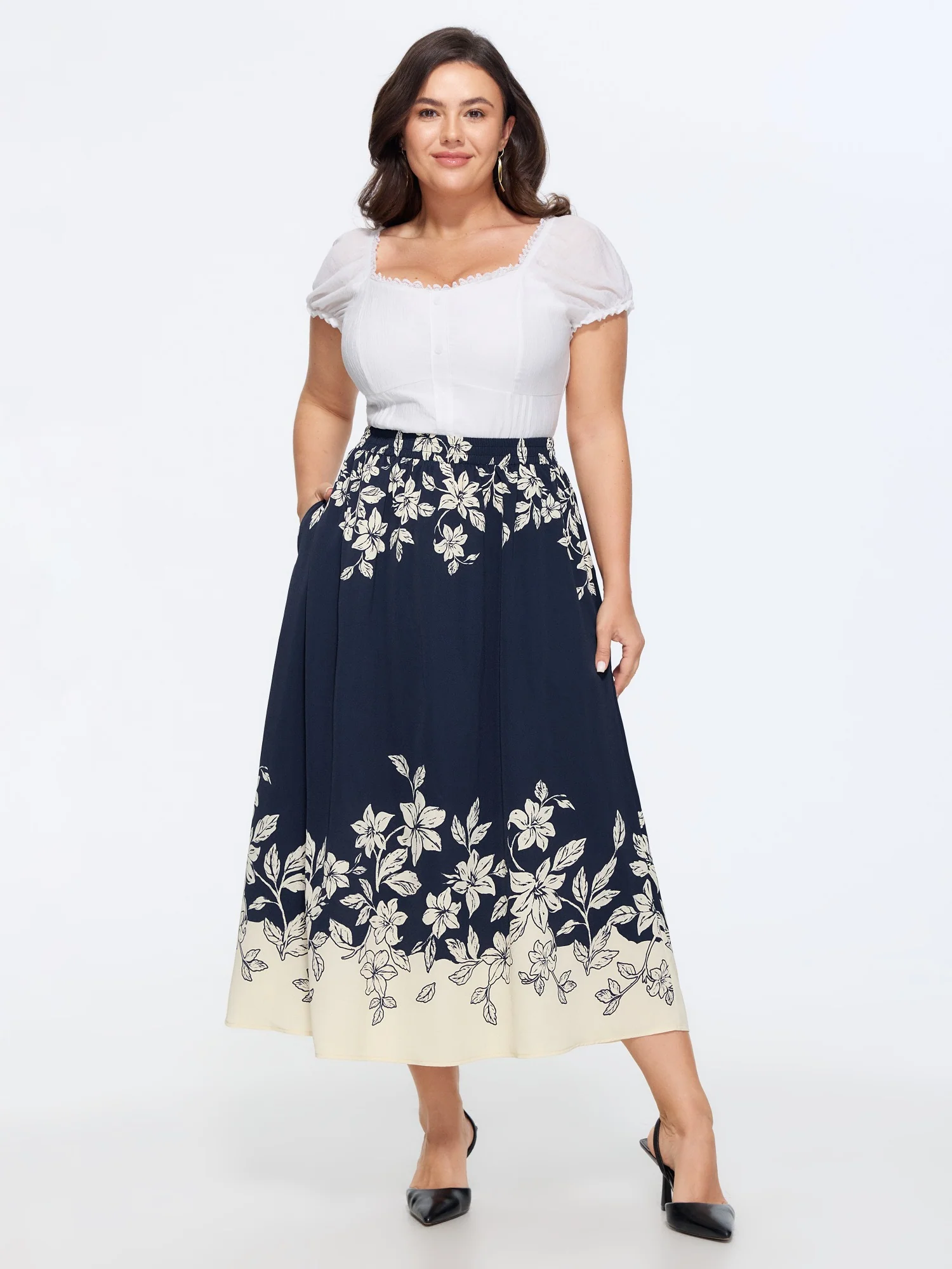 Floral Print Elastic Waist Pocket Midi Skirt - Image 2