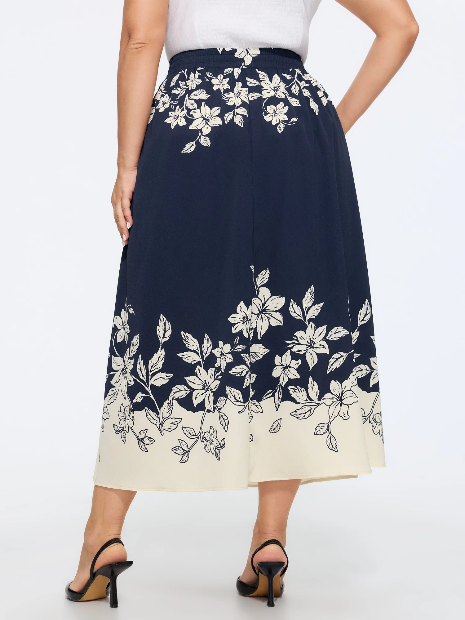 Floral Print Elastic Waist Pocket Midi Skirt - Image 3