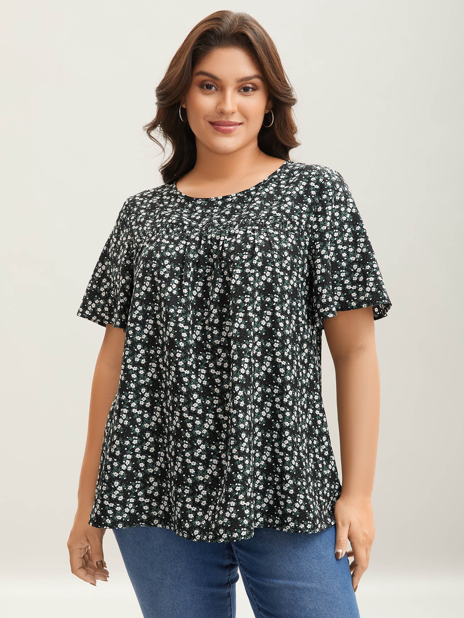 Floral Ruffle Sleeve Gathered Round Neck Blouse - Image 13