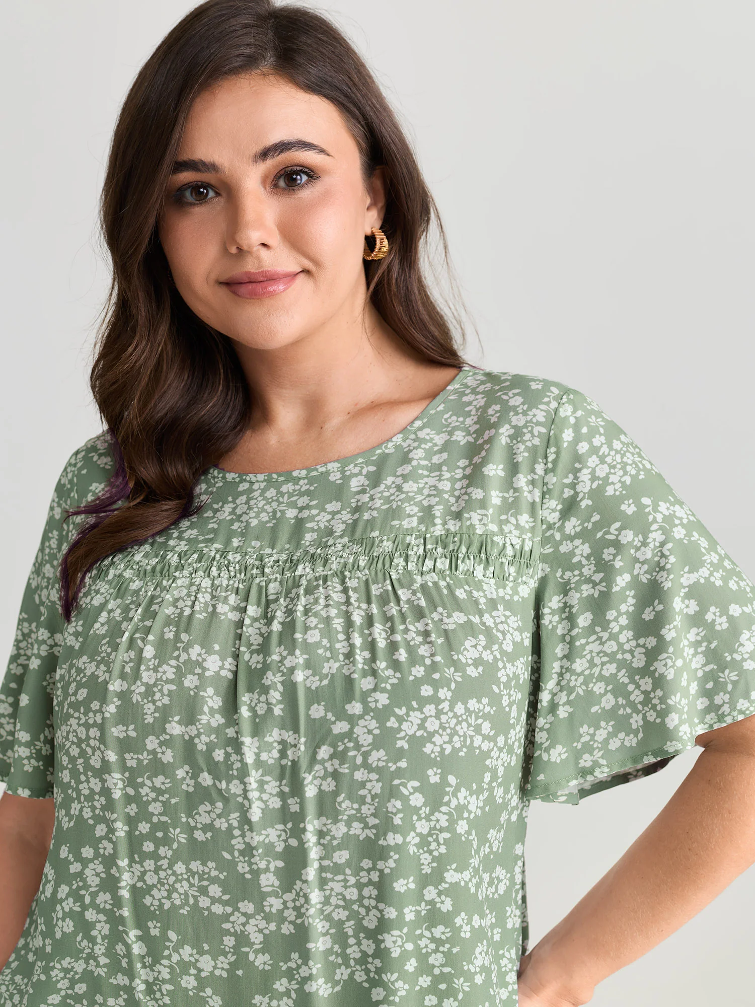 Floral Ruffle Sleeve Gathered Round Neck Blouse - Image 21