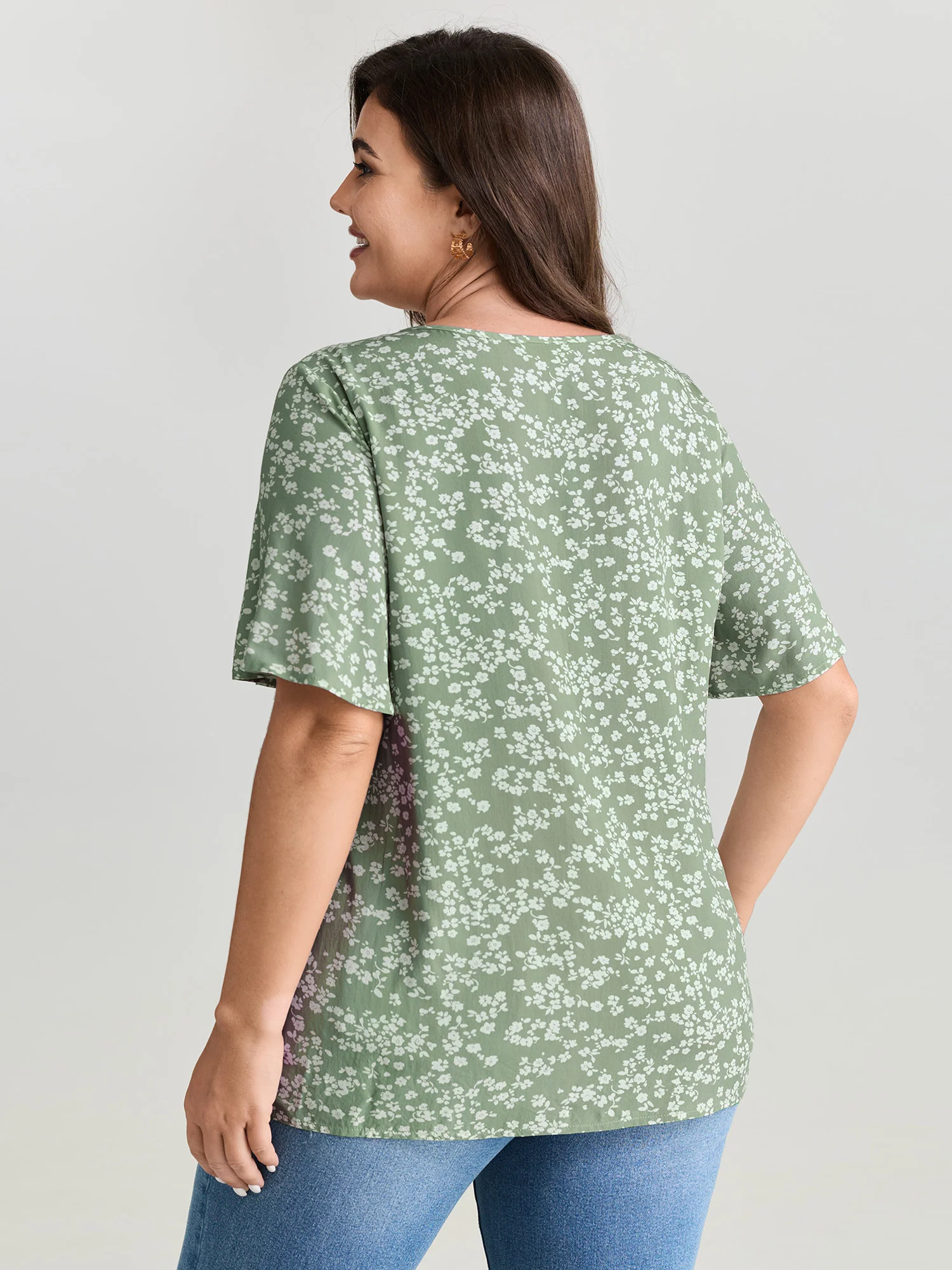 Floral Ruffle Sleeve Gathered Round Neck Blouse - Image 24