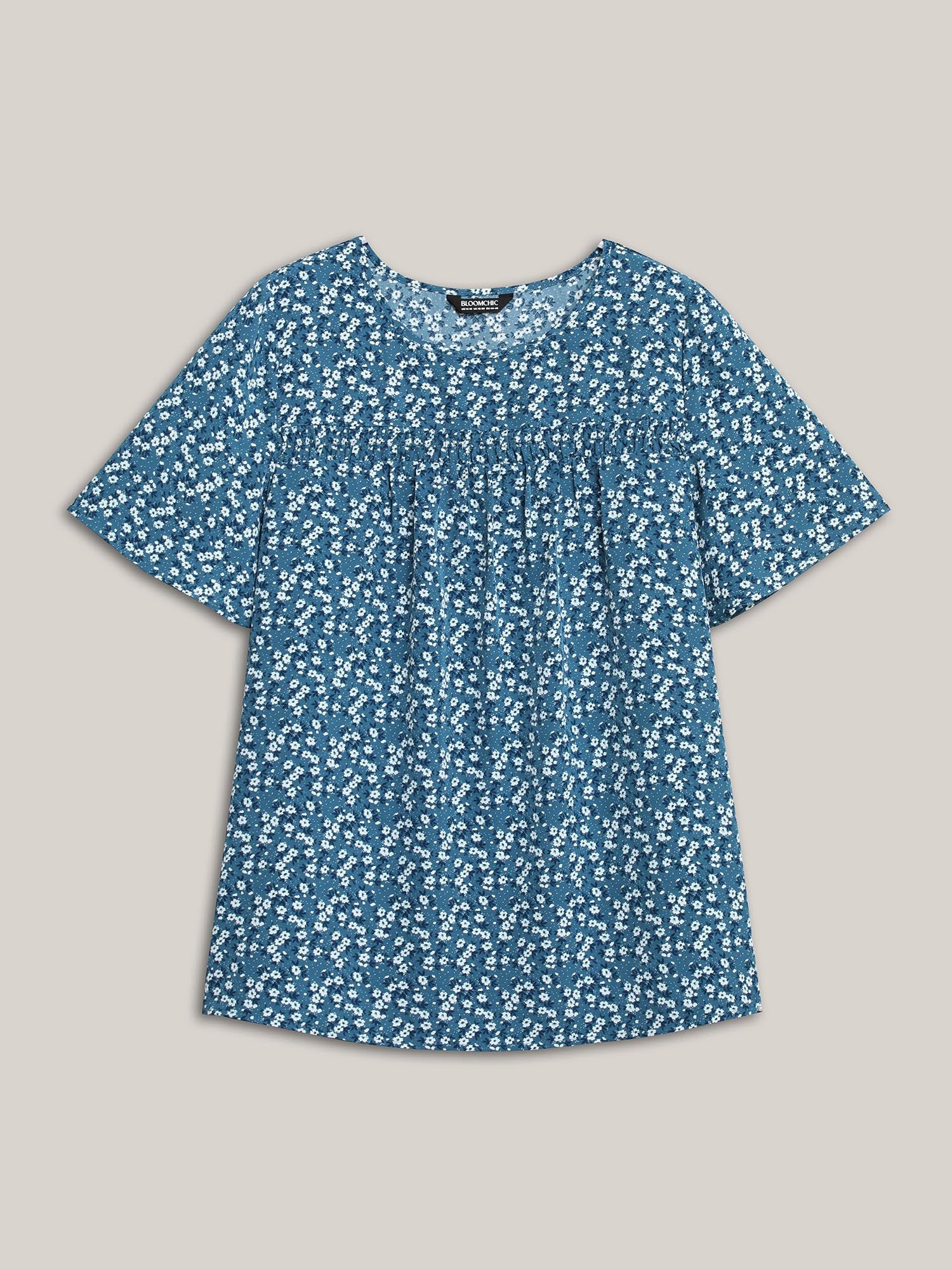 Floral Ruffle Sleeve Gathered Round Neck Blouse - Image 8