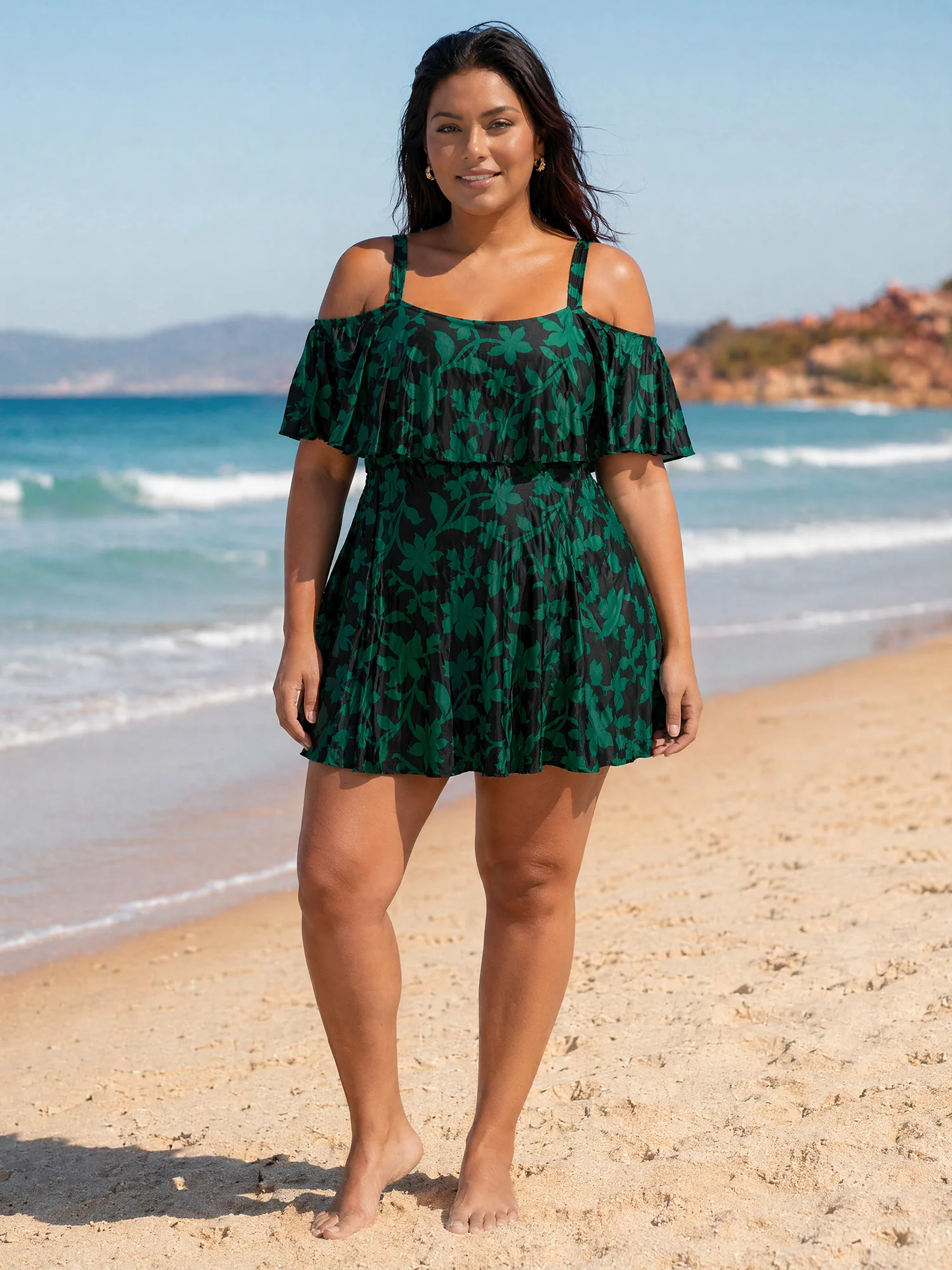 Floral Ruffle Trim Off Shoulder Pockets Swim Dress - Image 24