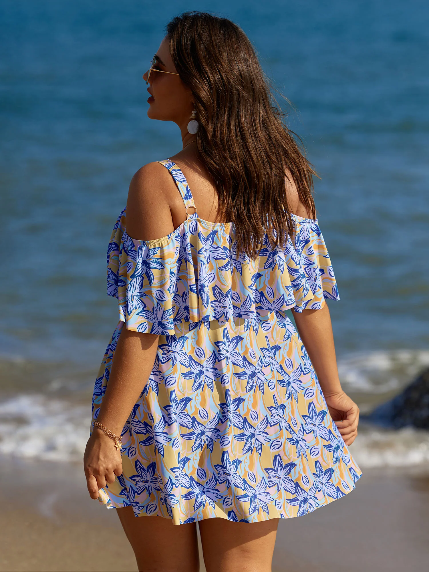 Floral Ruffle Trim Off Shoulder Pockets Swim Dress - Image 6