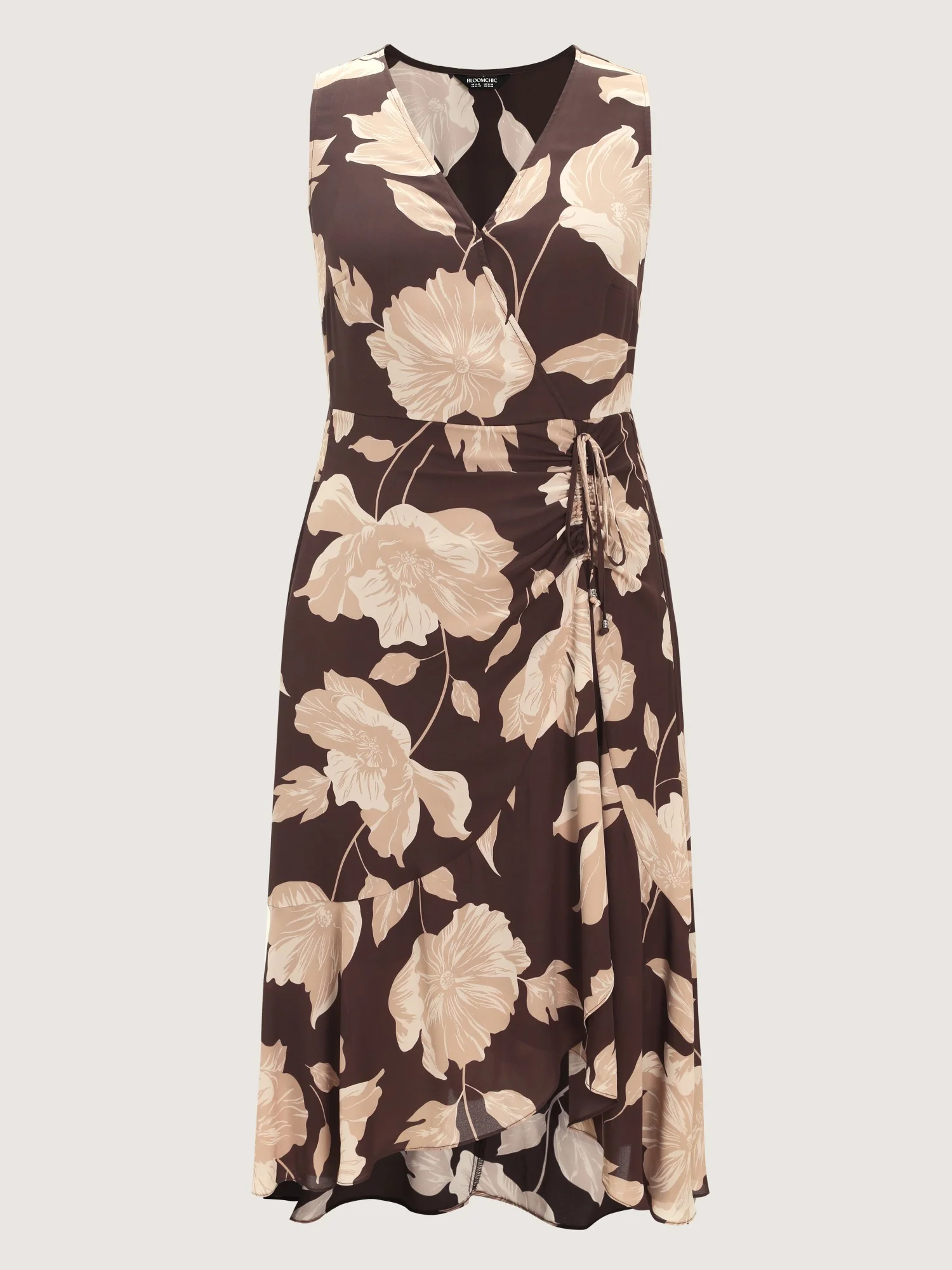 Floral Wrap Ruffle Side Drawstring Midi Dress - Image 7