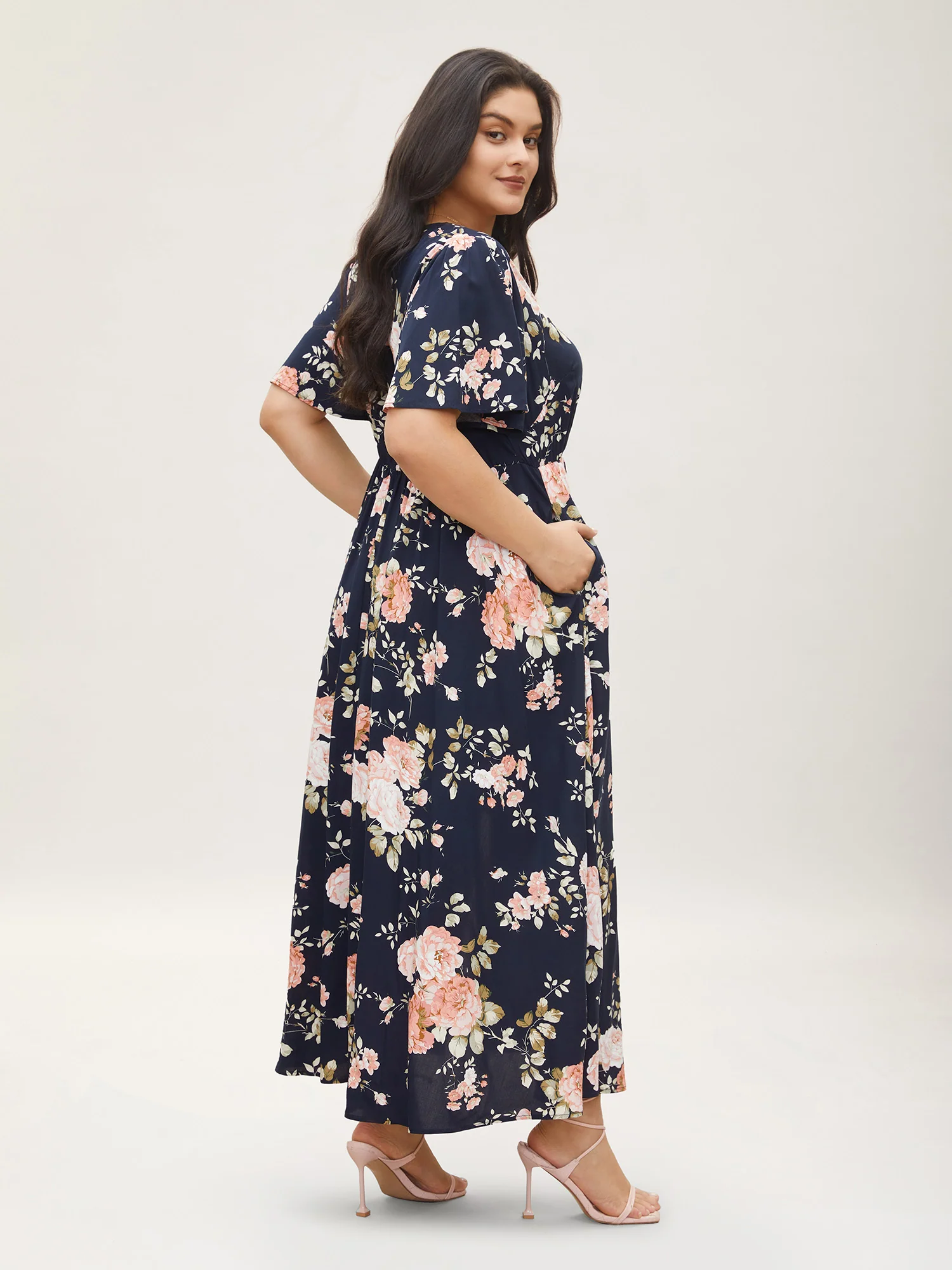 Bloom Dress - Flutter Sleeve Ditsy Floral Pocket Split Maxi Dress - Image 11