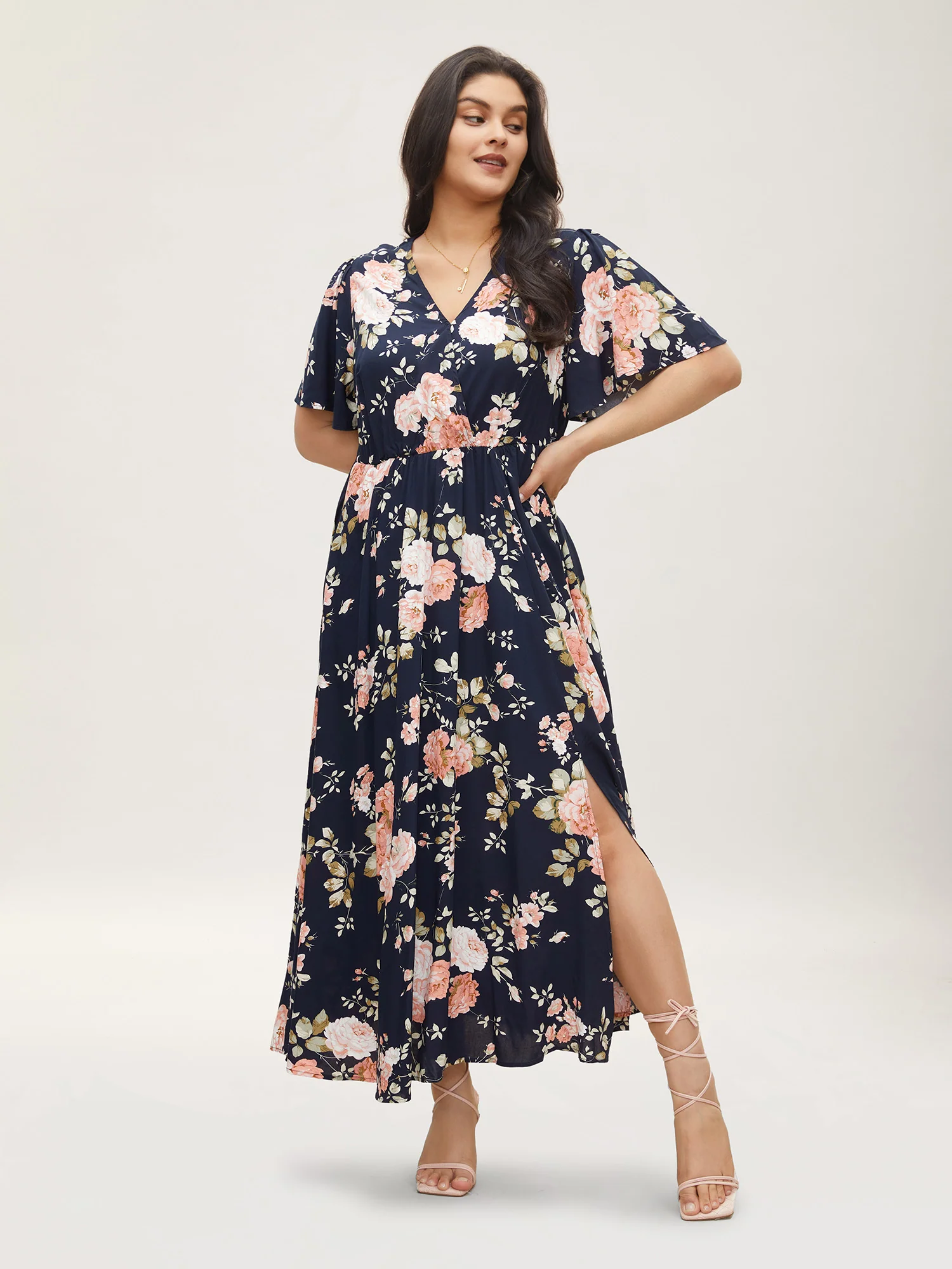 Bloom Dress - Flutter Sleeve Ditsy Floral Pocket Split Maxi Dress - Image 8