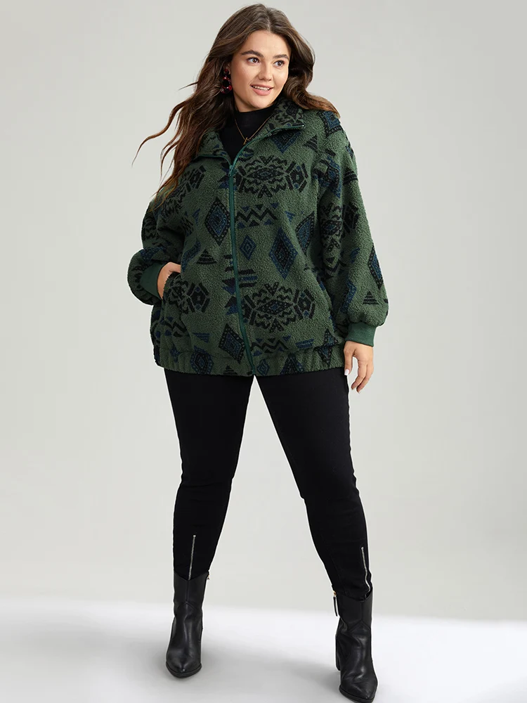 Geometric Pocket Gathered Zipper Coat - Image 3
