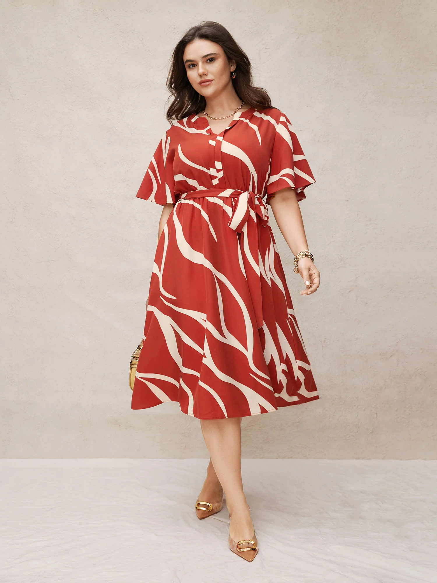Geometric Surplice Neck Tie Knot Midi Dress - Image 2