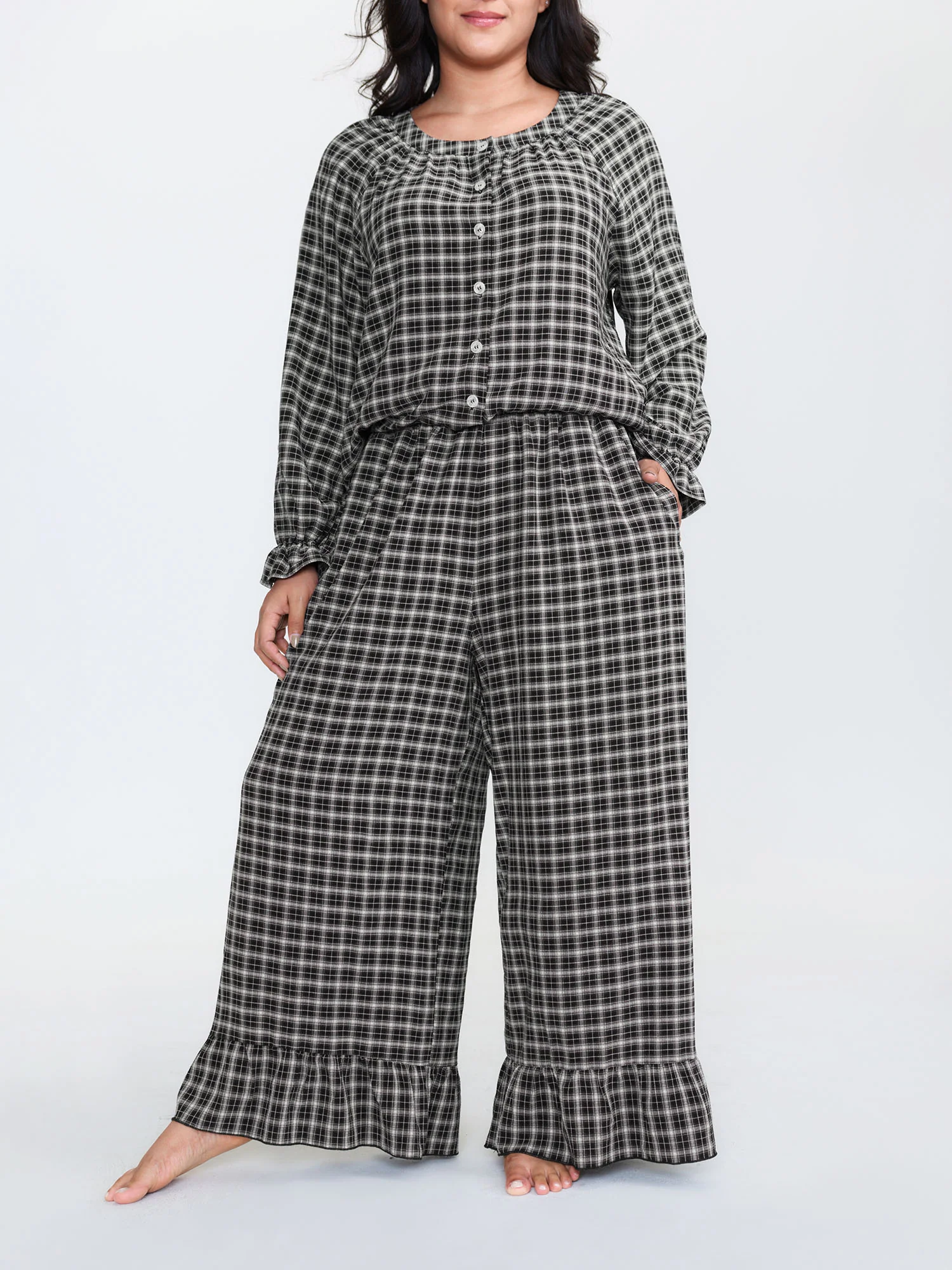 Gingham Print Ruffled Hem Co-Ord Pajama Set - Image 11