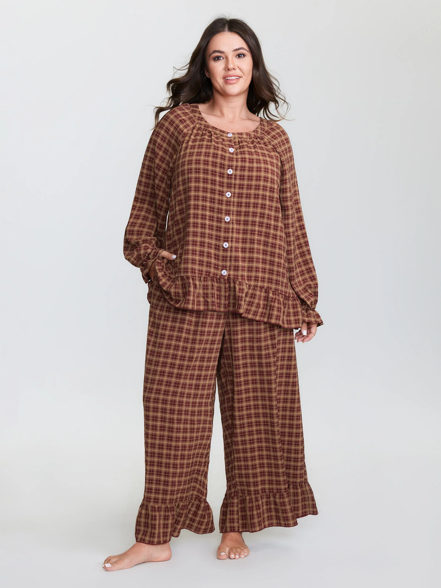 Gingham Print Ruffled Hem Co-Ord Pajama Set - Image 15