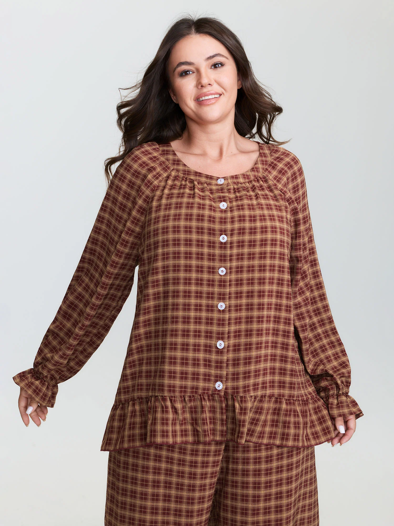 Gingham Print Ruffled Hem Co-Ord Pajama Set - Image 17