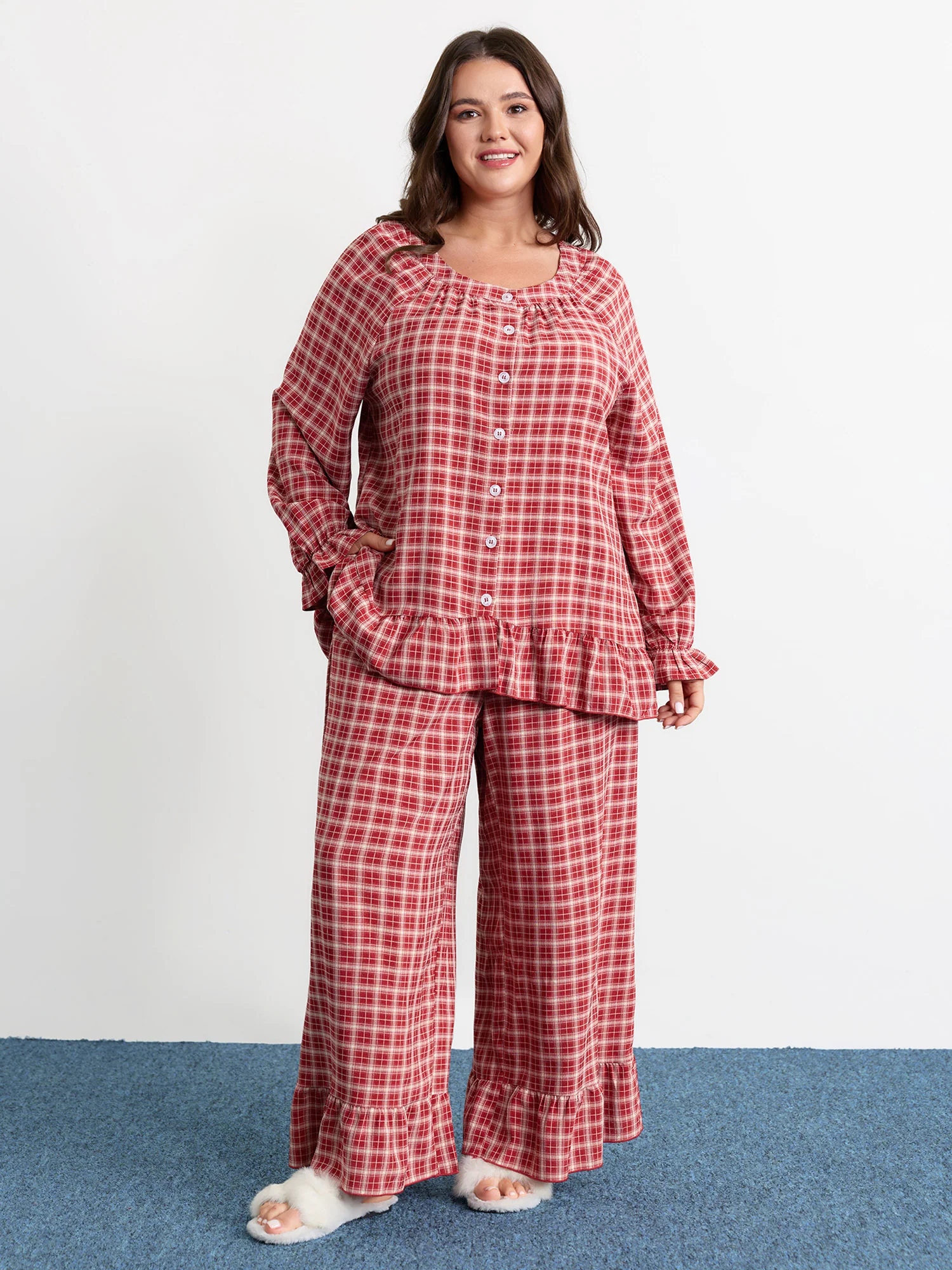 Gingham Print Ruffled Hem Co-Ord Pajama Set - Image 22