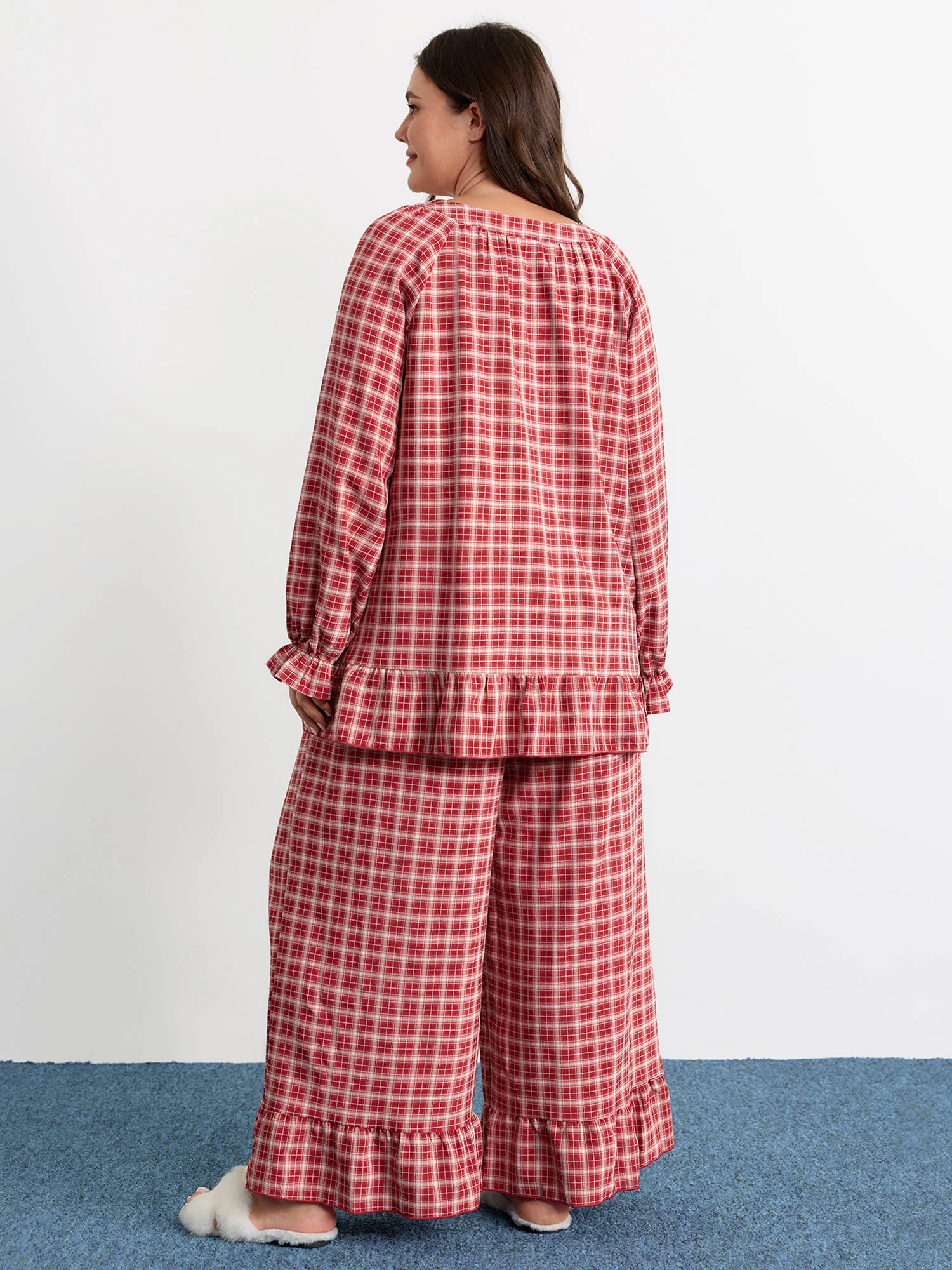 Gingham Print Ruffled Hem Co-Ord Pajama Set - Image 25