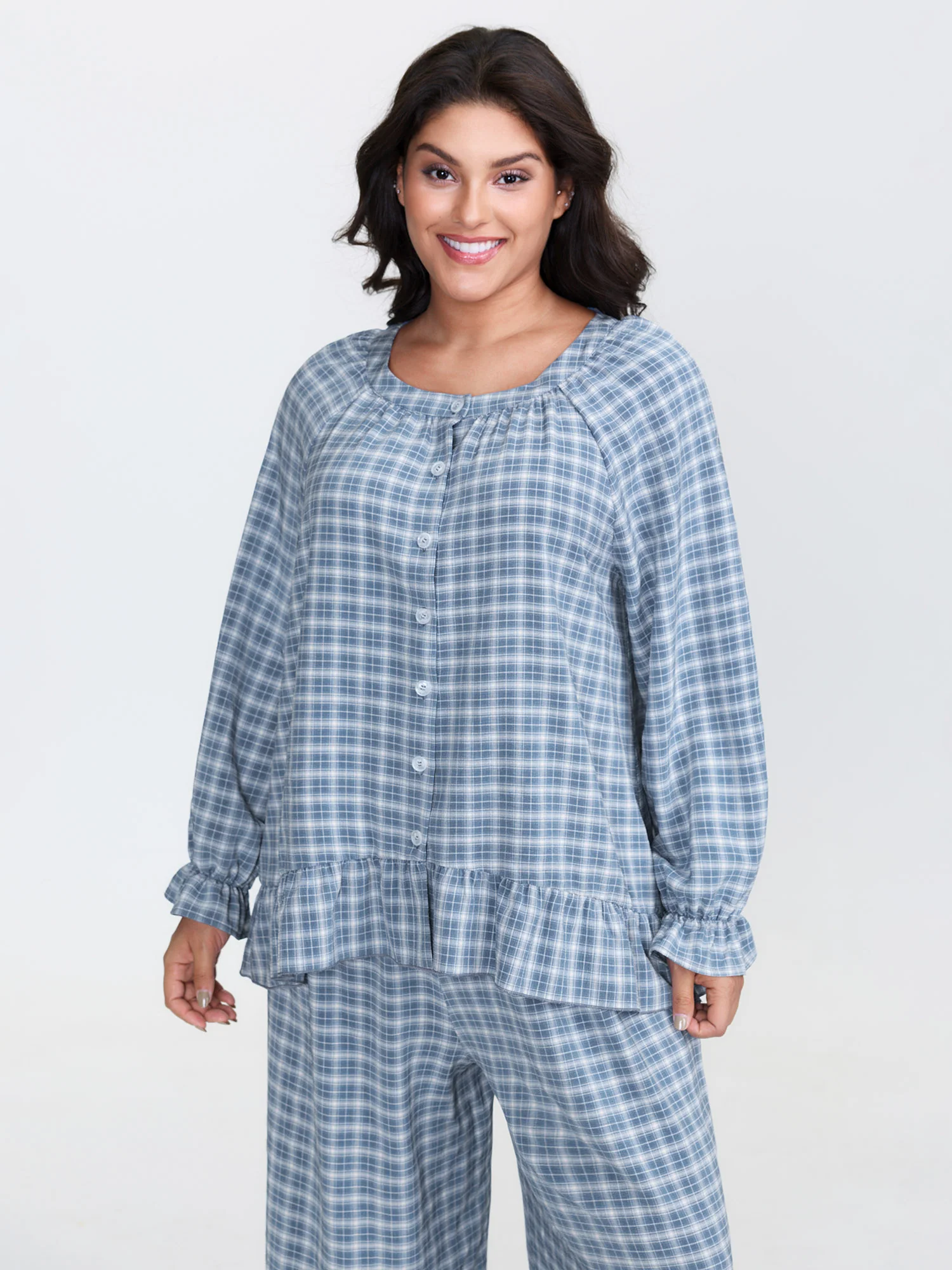 Gingham Print Ruffled Hem Co-Ord Pajama Set - Image 51