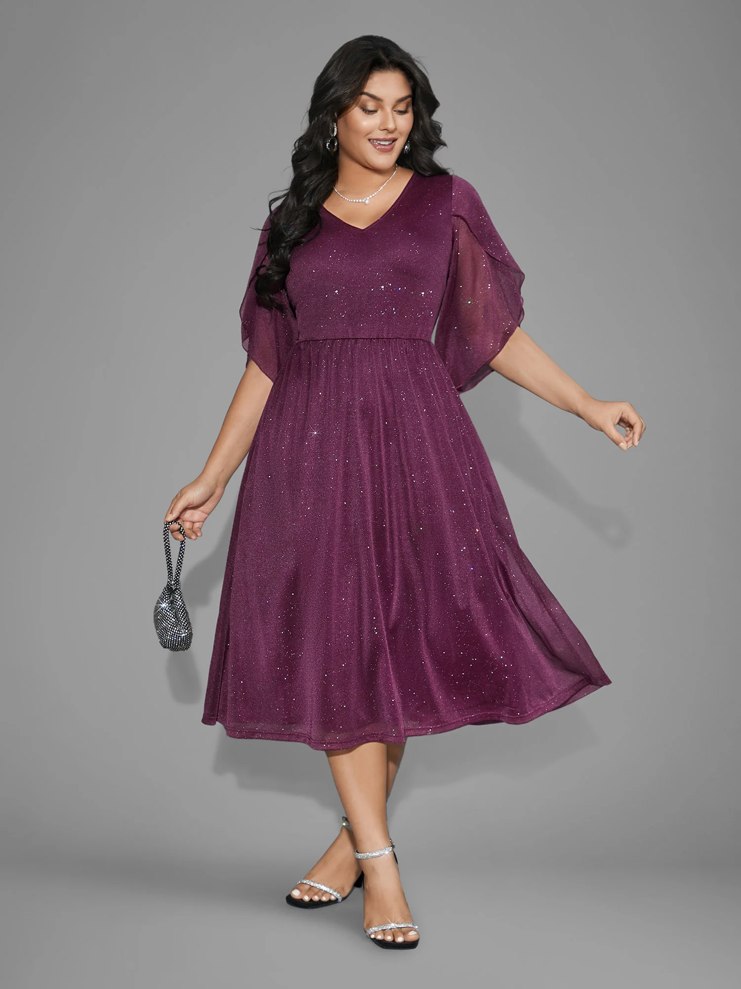 Glitter Mesh Petal Sleeve Midi Dress - Image 2