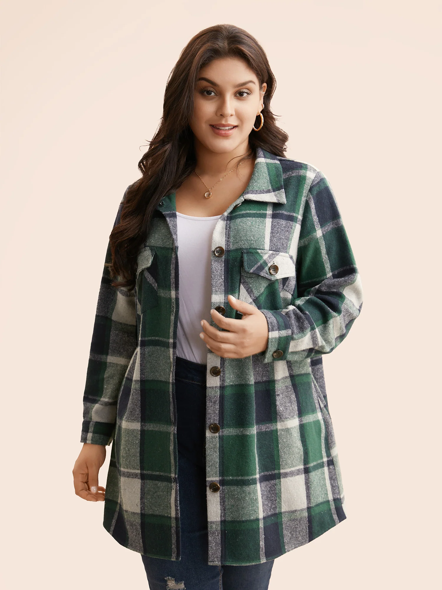 Plaid Chest Pockets Long Jacket - Image 15