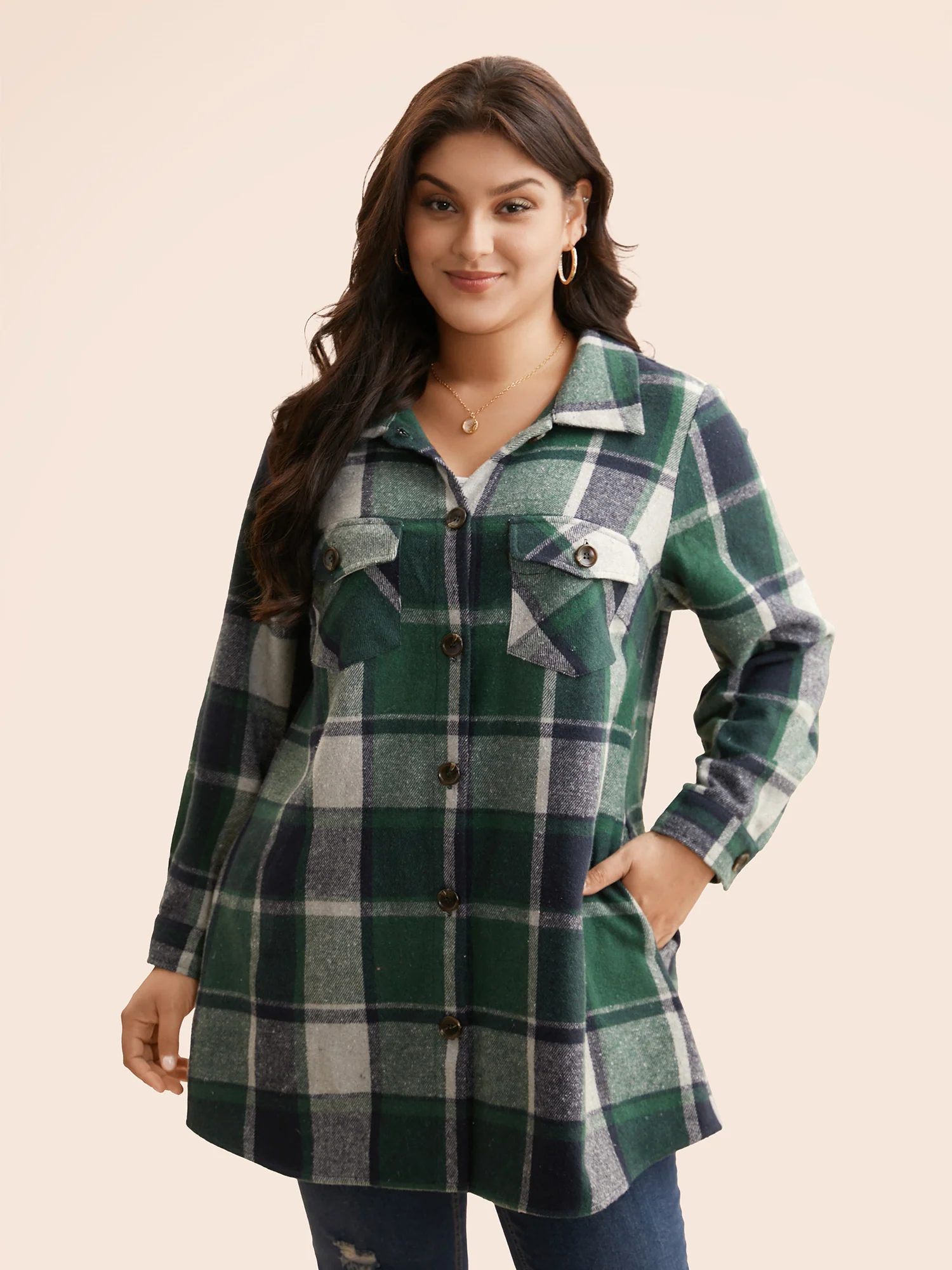 Plaid Chest Pockets Long Jacket - Image 16