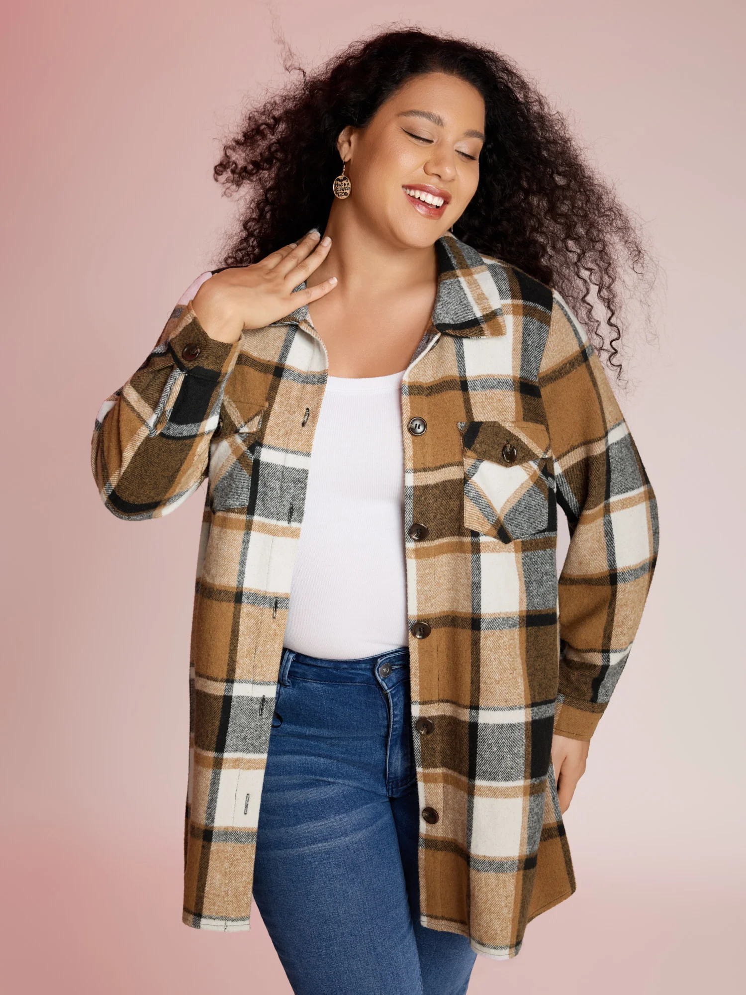 Plaid Chest Pockets Long Jacket - Image 8