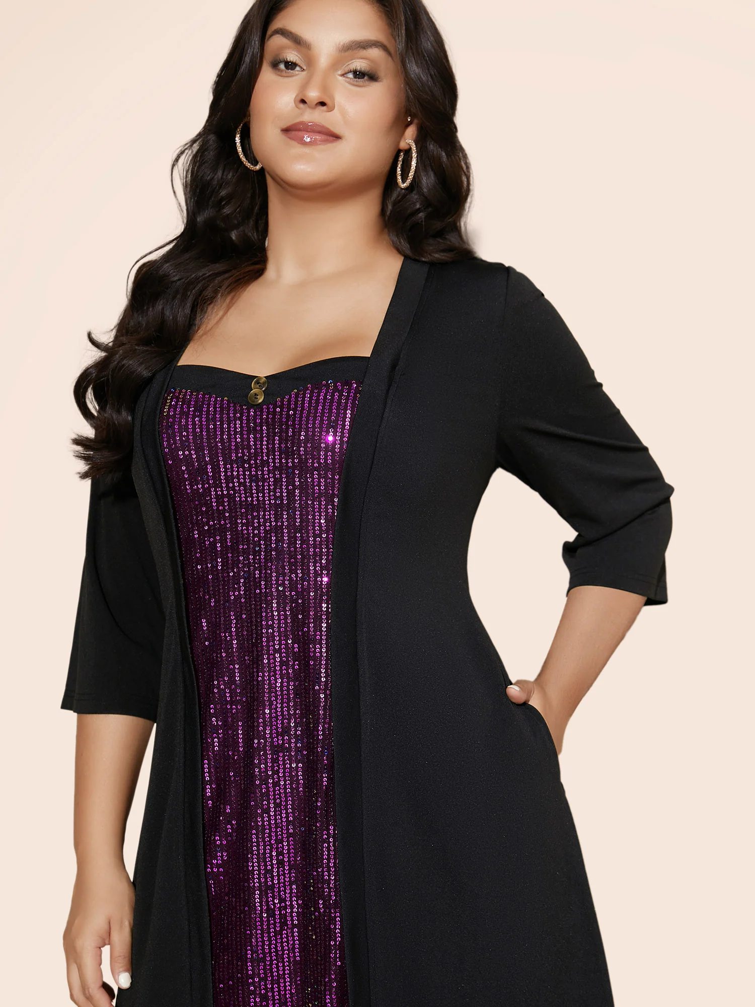 Heart Neckline Patchwork Sequin Button Detail Dress - Image 11