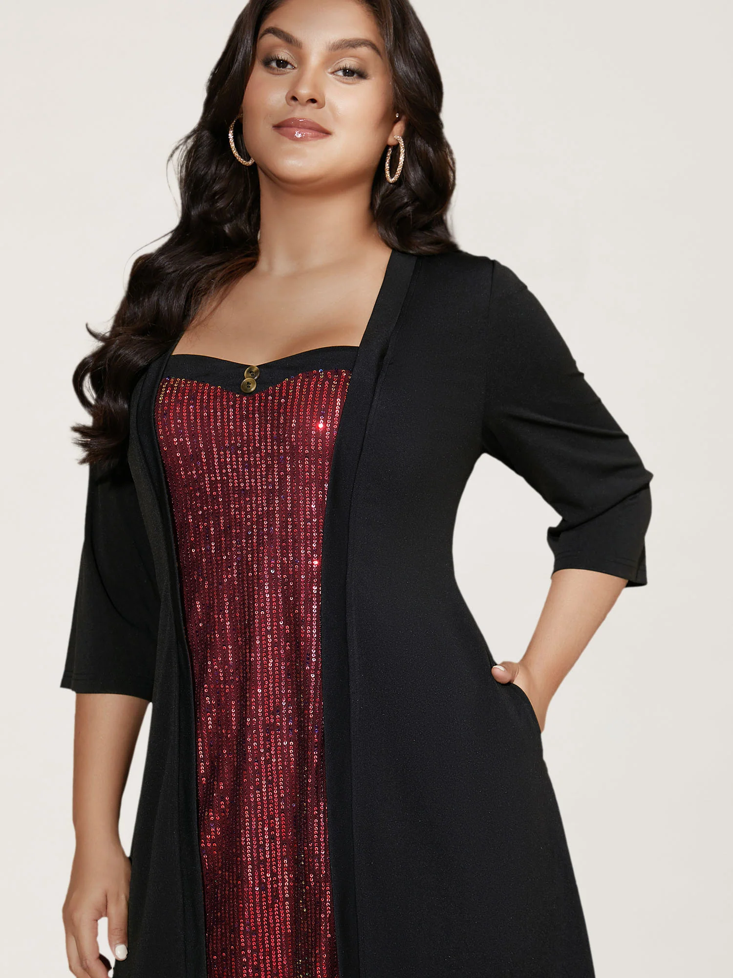 Heart Neckline Patchwork Sequin Button Detail Dress - Image 15