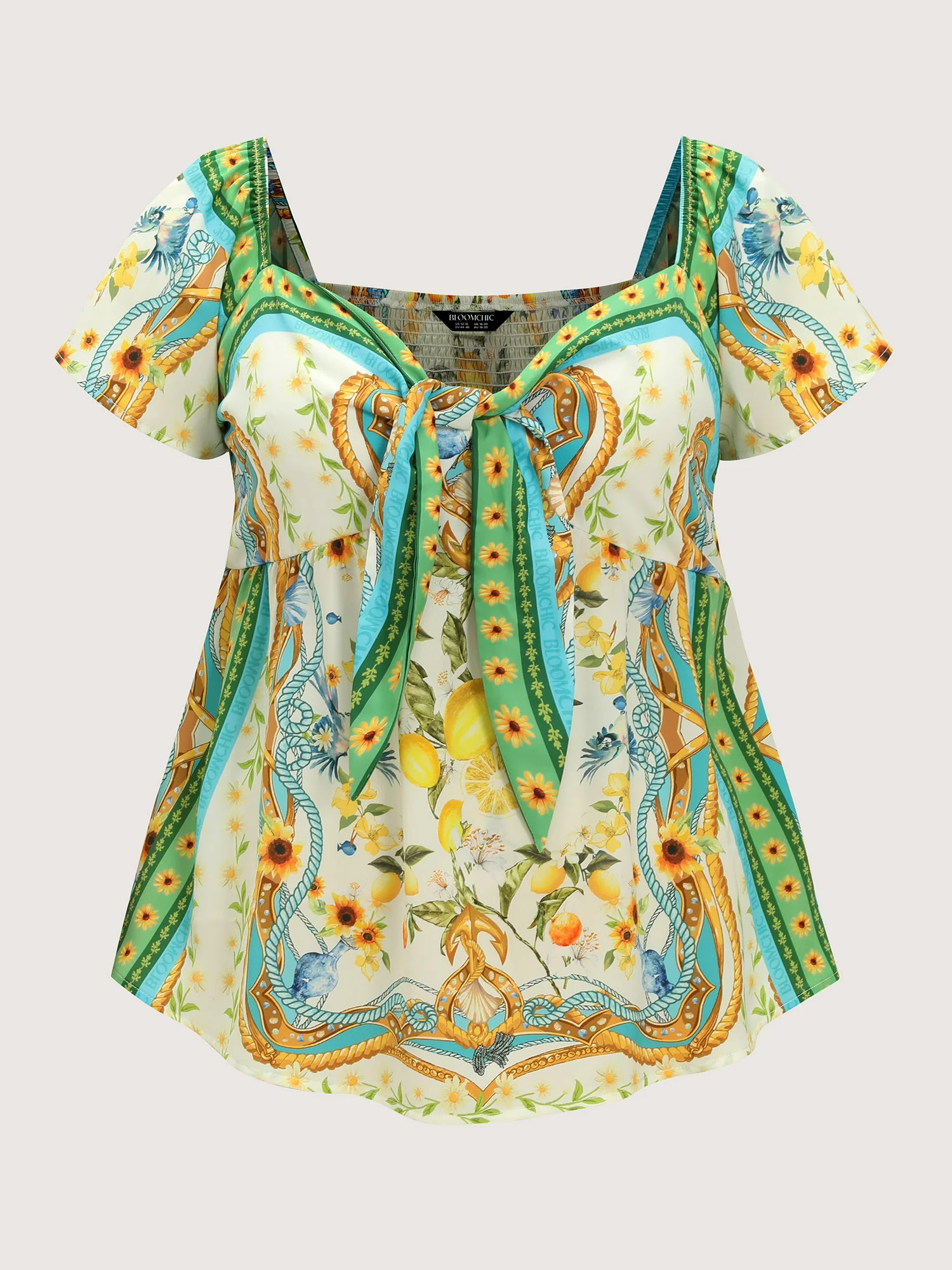 Lemon Print Color Contrast Knotted Front Top - Image 7