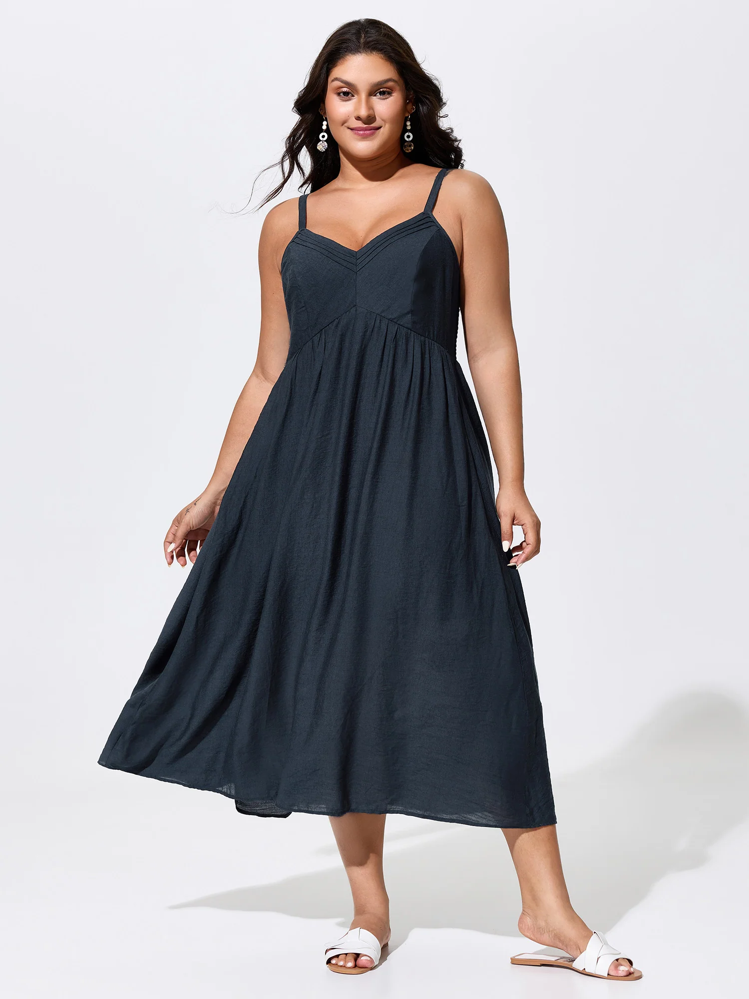 Linen Blend Breathable Pleated Flowy Midi Dress