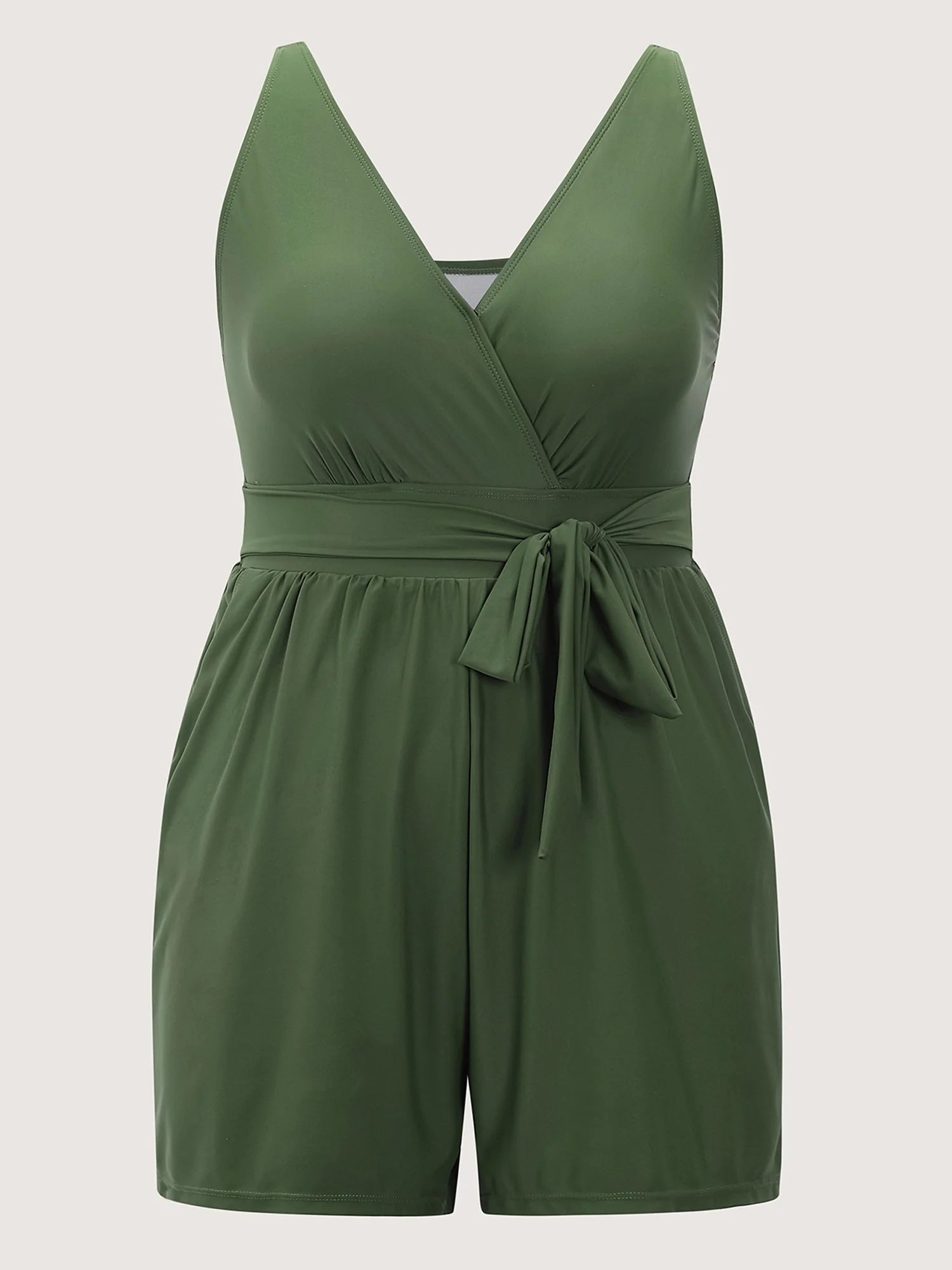 Surplice Neckline Belted Plain One-Piece Swimsuit - Image 19