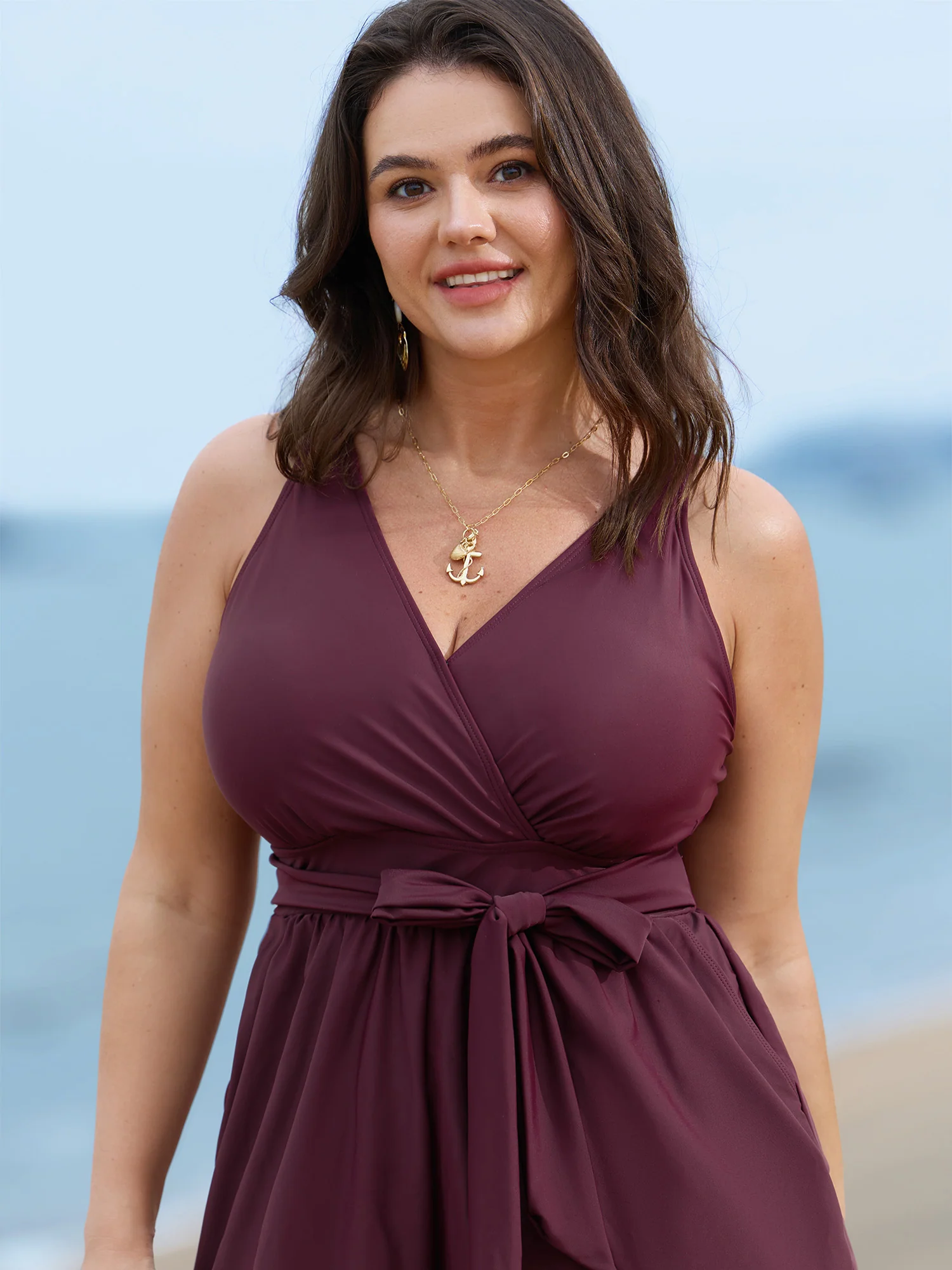 Surplice Neckline Belted Plain One-Piece Swimsuit - Image 34