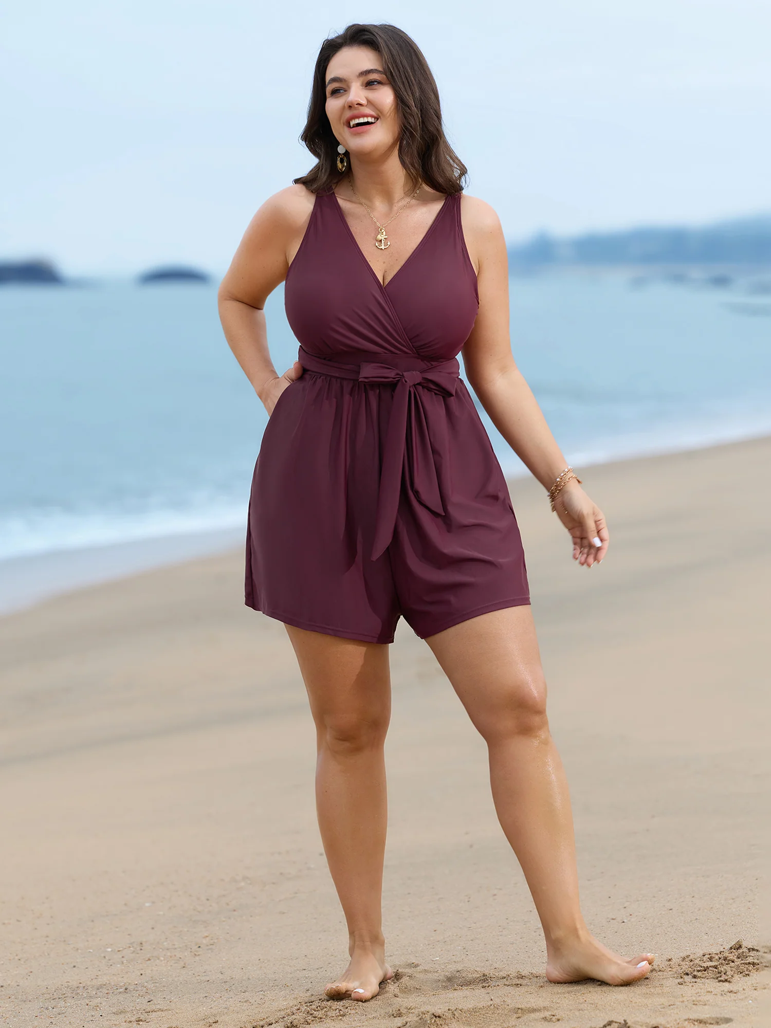 Surplice Neckline Belted Plain One-Piece Swimsuit - Image 35