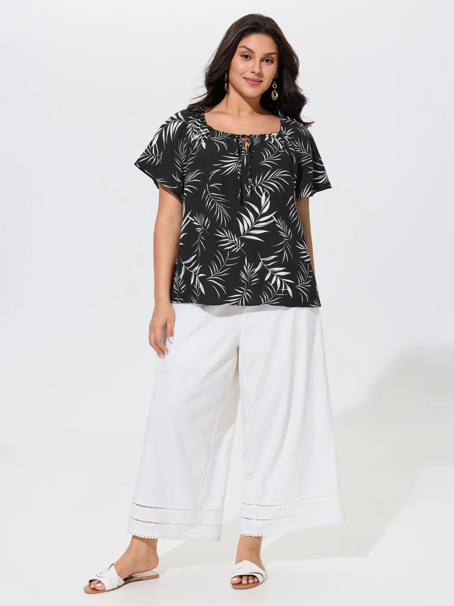 Palm Leaf Print Drawstring Neck Blouse - Image 4