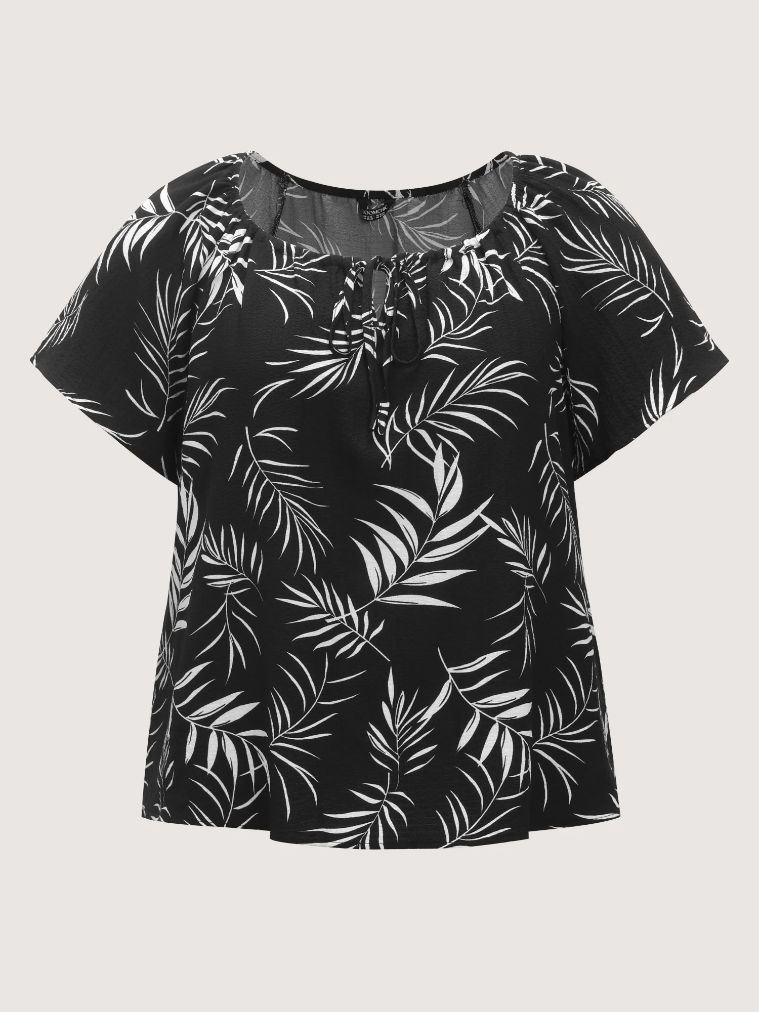 Palm Leaf Print Drawstring Neck Blouse - Image 7