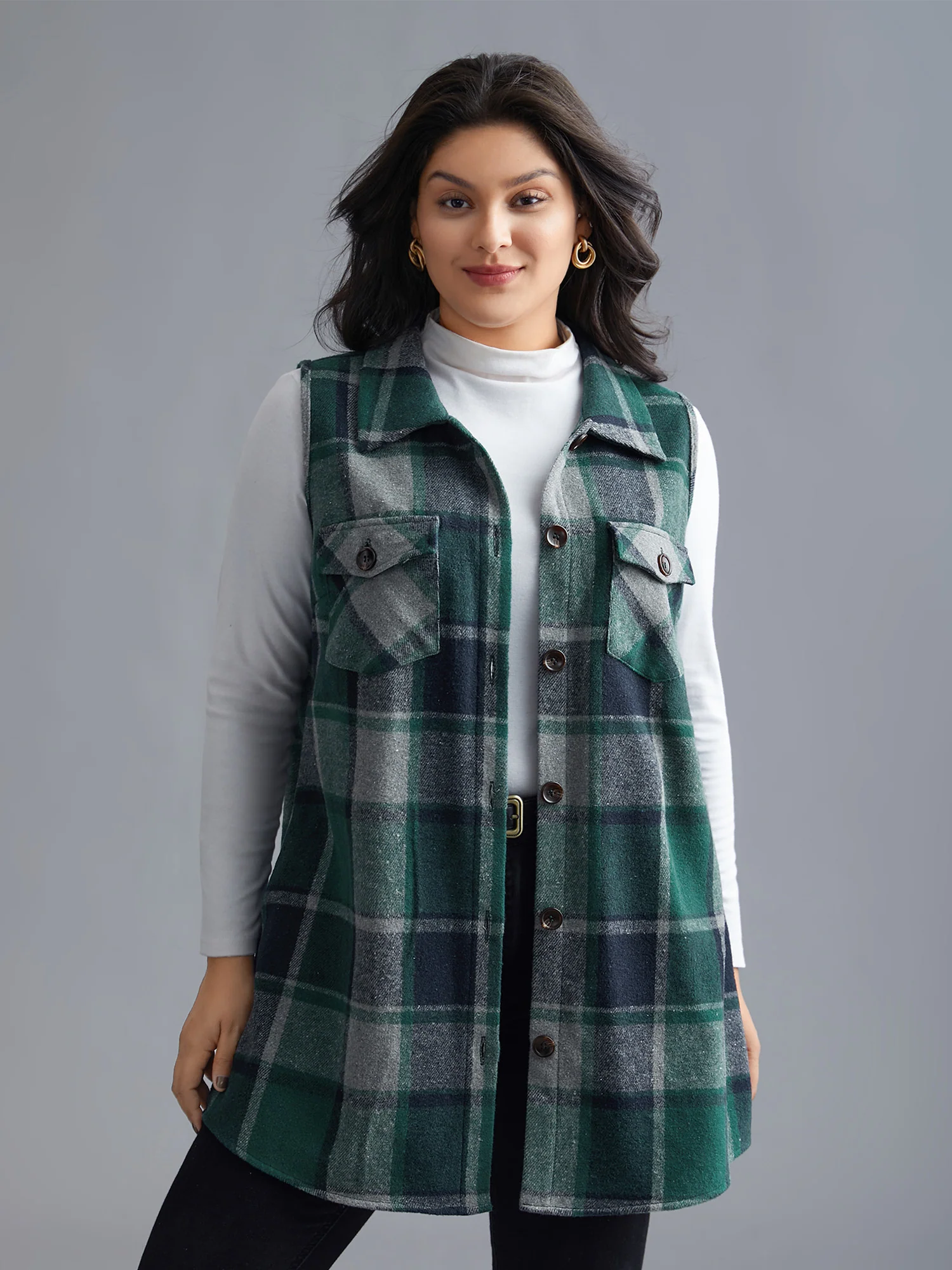 Plaid Flap Detail Sleeveless Jacket - Image 6