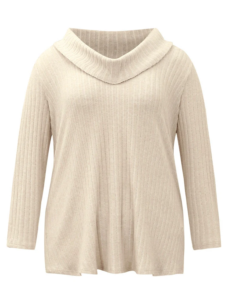 Plain Rib Knit Cowl Neck T-Shirt - Image 8