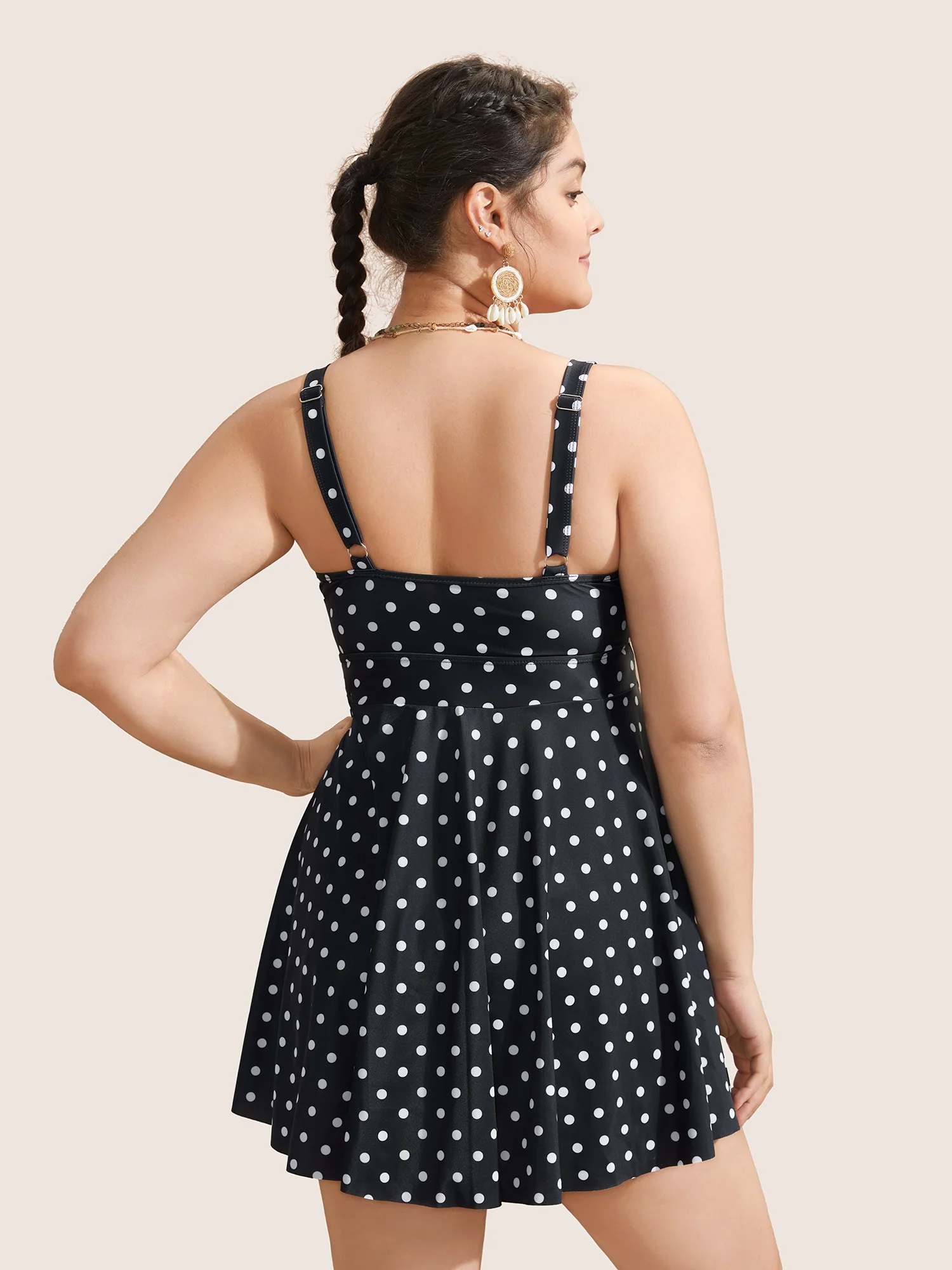 Polka Dot Crossover Ruched Flutter Hem Swim Dress - Image 12