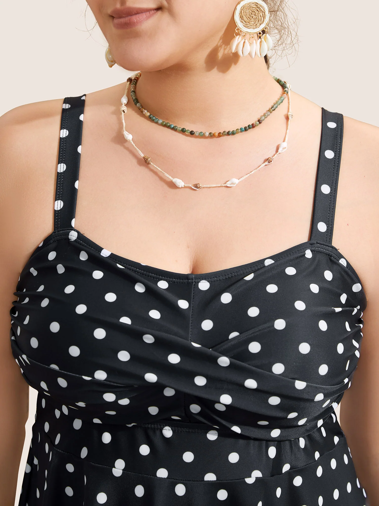 Polka Dot Crossover Ruched Flutter Hem Swim Dress - Image 13