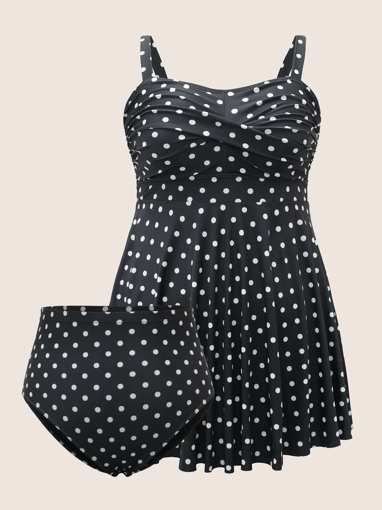 Polka Dot Crossover Ruched Flutter Hem Swim Dress - Image 17