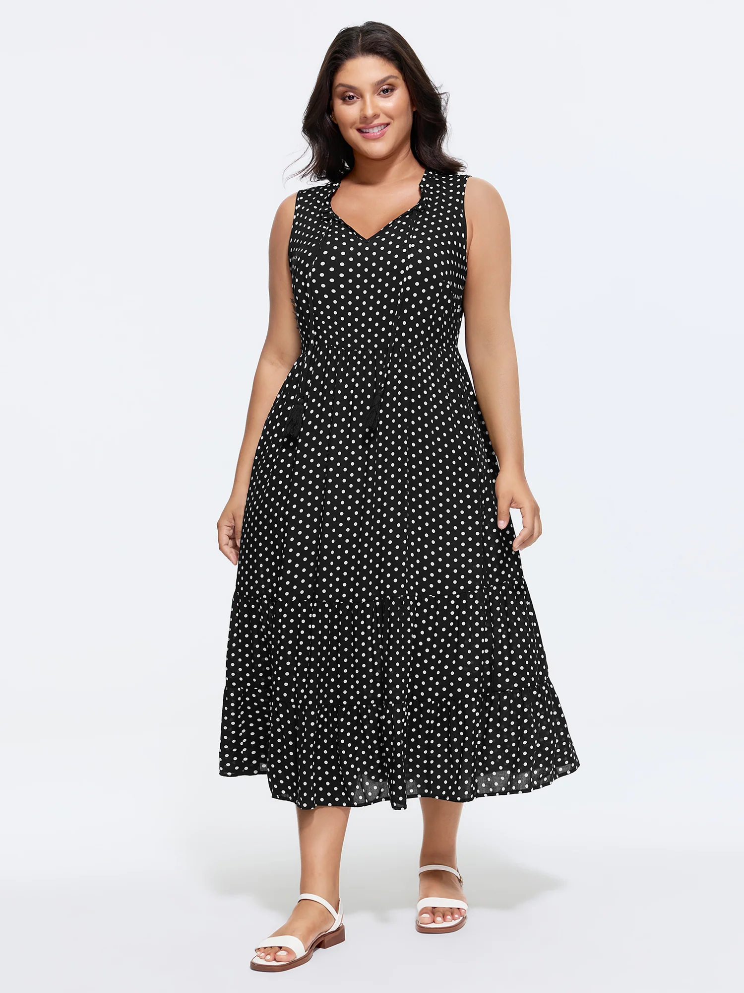 Polka Dots Notched Drawstring Collar Midi Dress