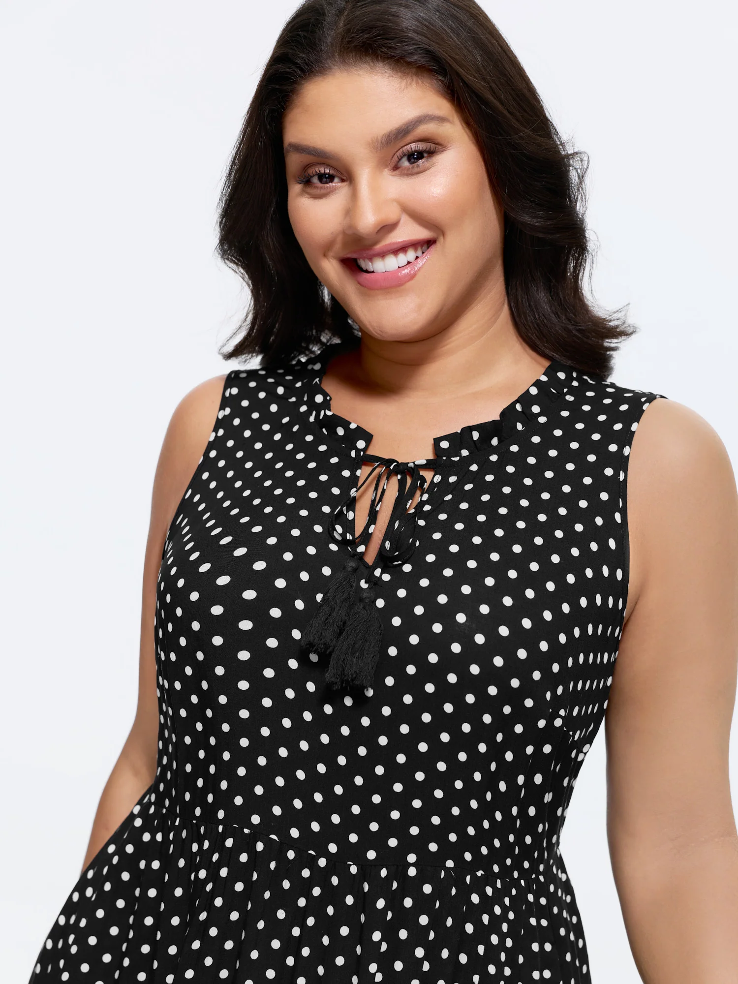 Polka Dots Notched Drawstring Collar Midi Dress - Image 2