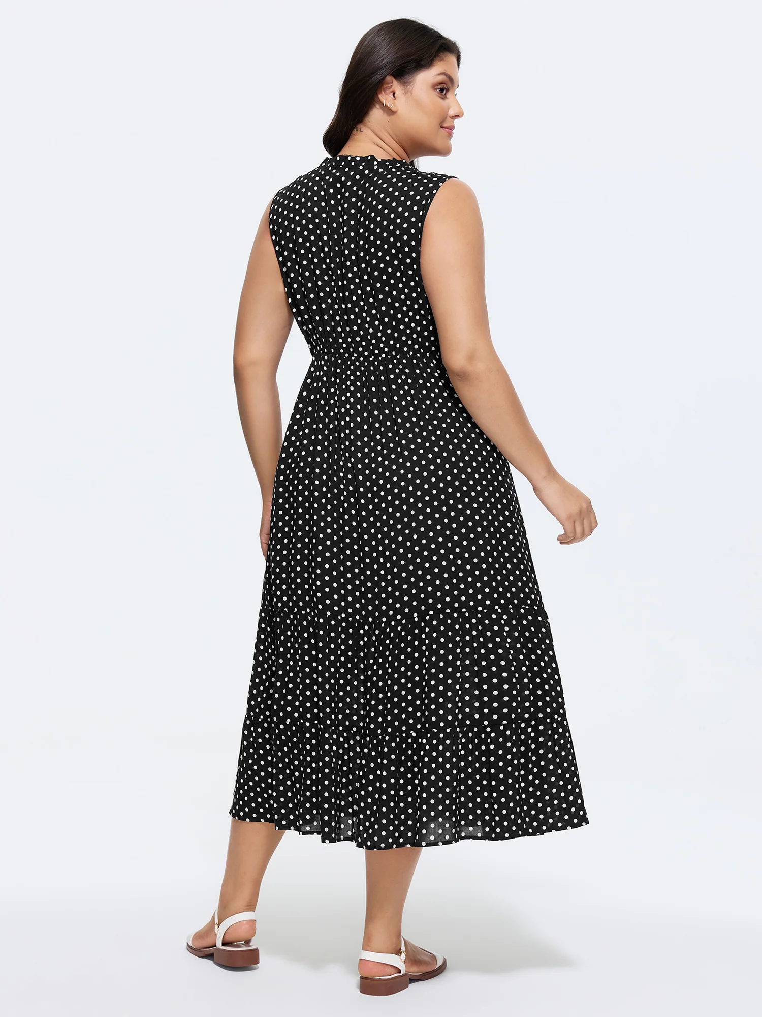 Polka Dots Notched Drawstring Collar Midi Dress - Image 3